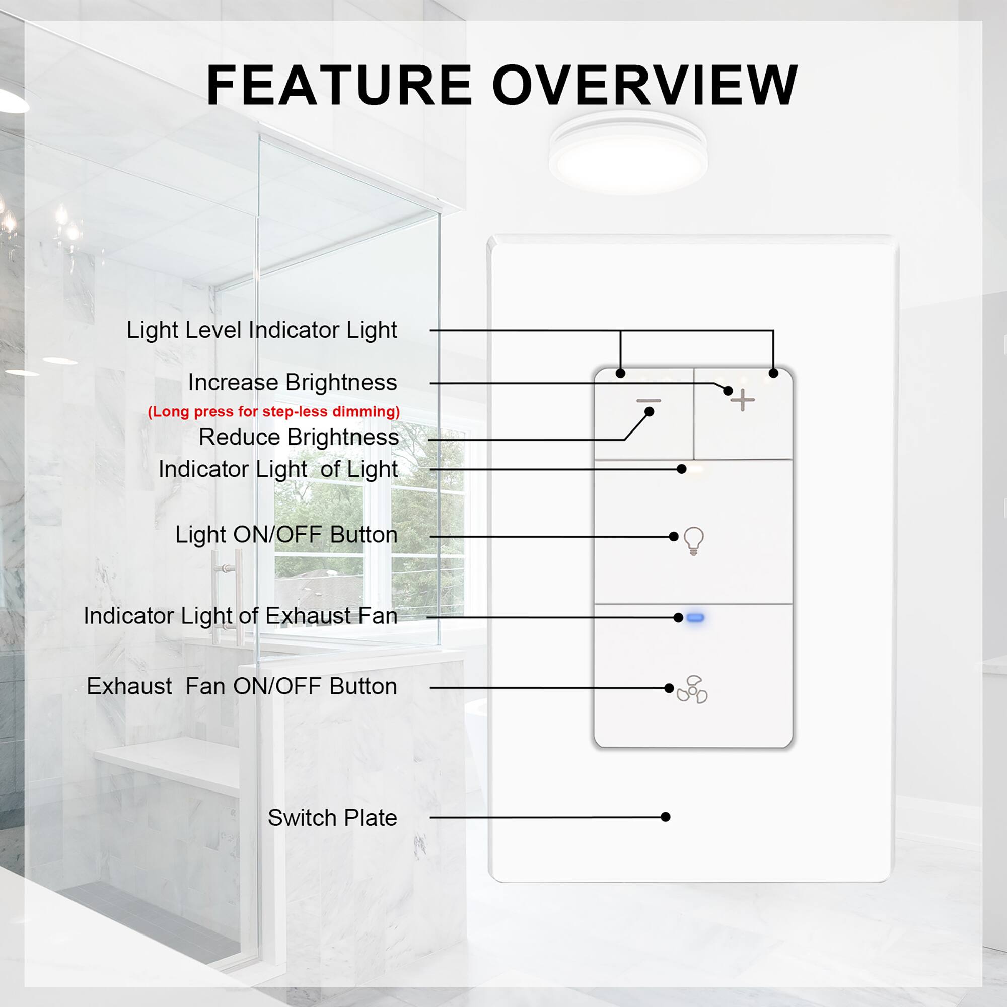 FEATURE OVERVIEW

- Light Level Indicator Light
- Increase Brightness (Long press for step-less dimming)
- Reduce Brightness
- Indicator Light of Light
- Light ON/OFF Button
- Indicator Light of Exhaust Fan
- Exhaust Fan ON/OFF Button
- Switch Plate