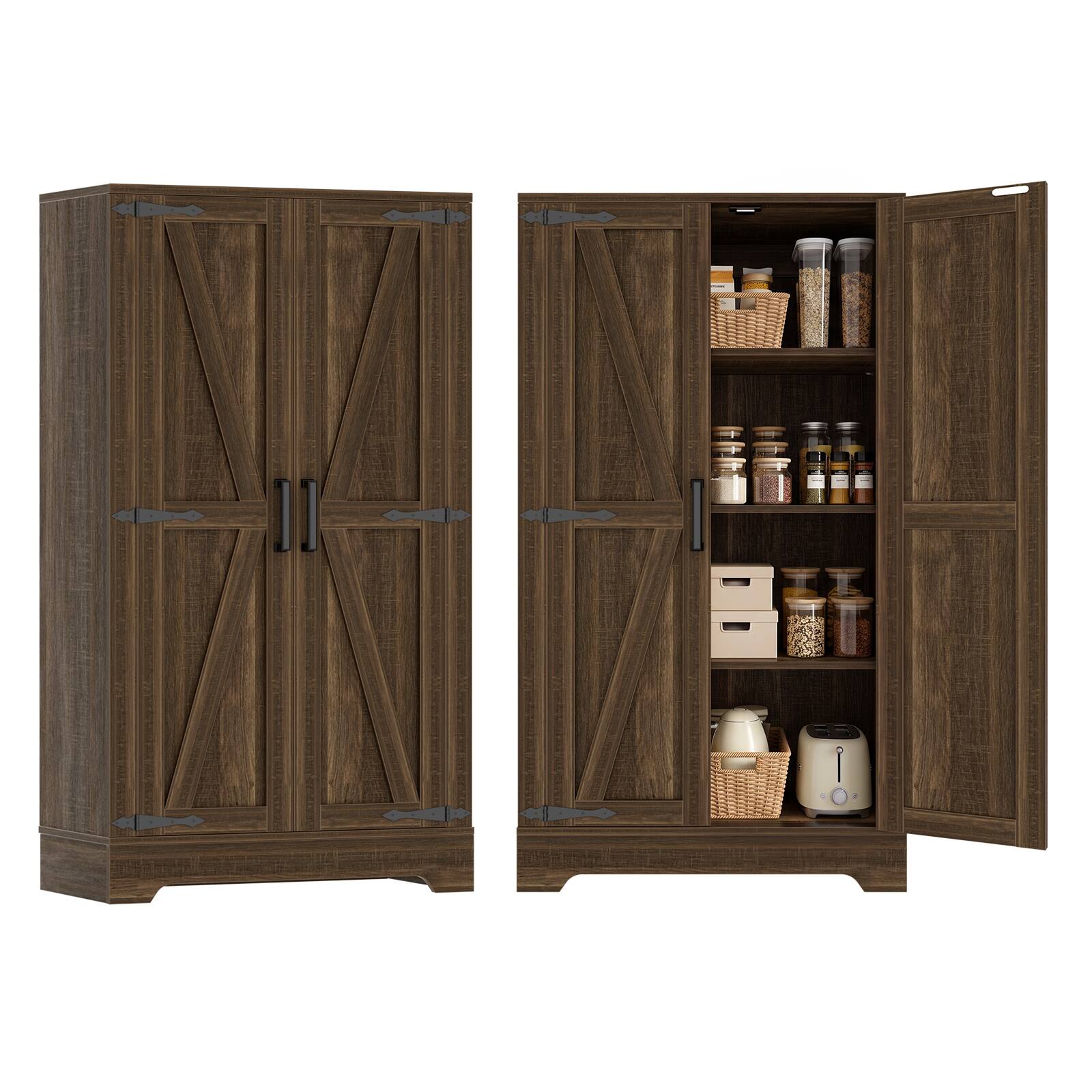 Angle. Aheaplus - 44" Wide Pantry Cabinet Set of 2, 43.4" Tall Farmhouse Storage Cabinet with Adjustable Shelves for Kitchen/Dining - Weathered Brown.