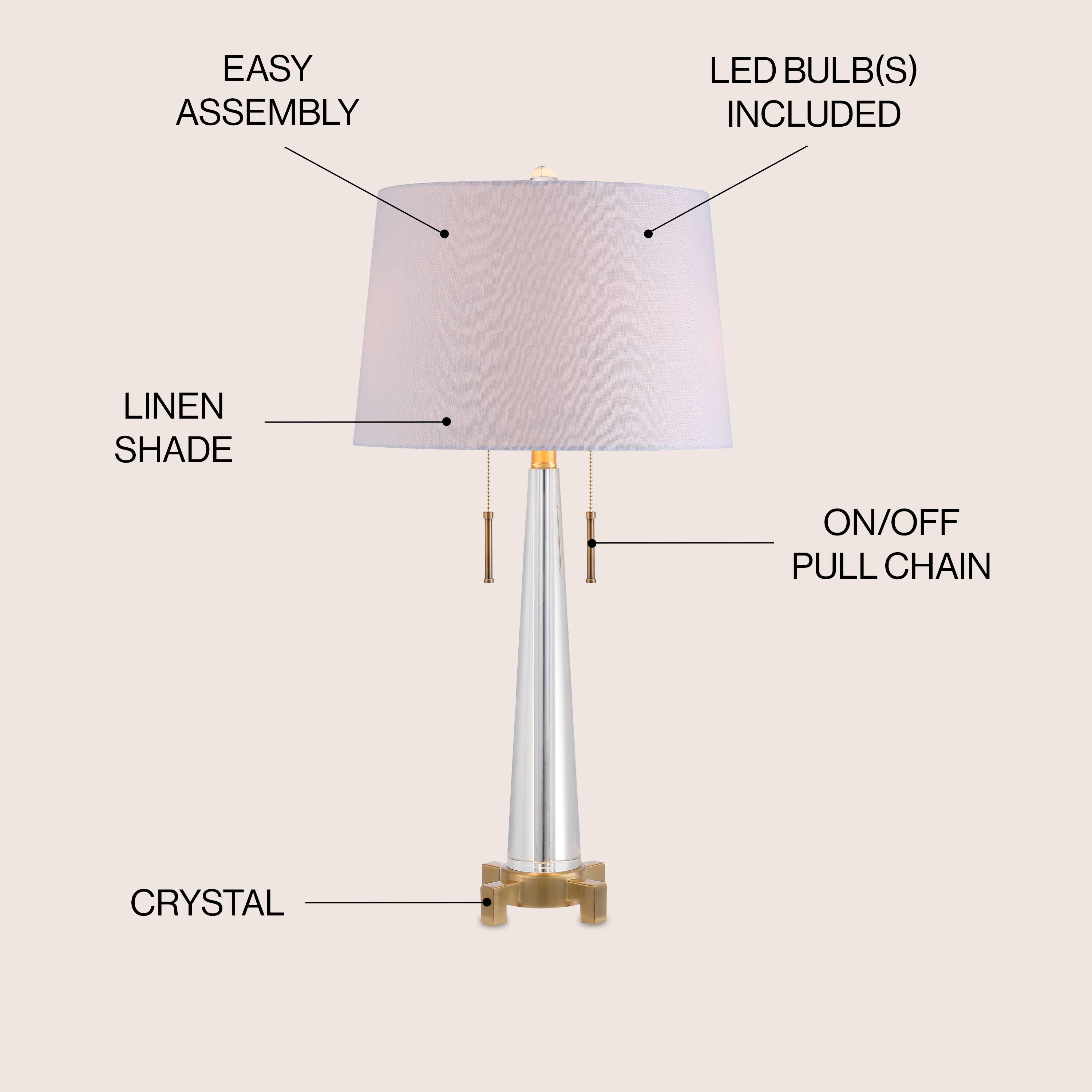 EASY ASSEMBLY  
LED BULB(S) INCLUDED  
LINEN SHADE  
ON/OFF PULL CHAIN  
CRYSTAL