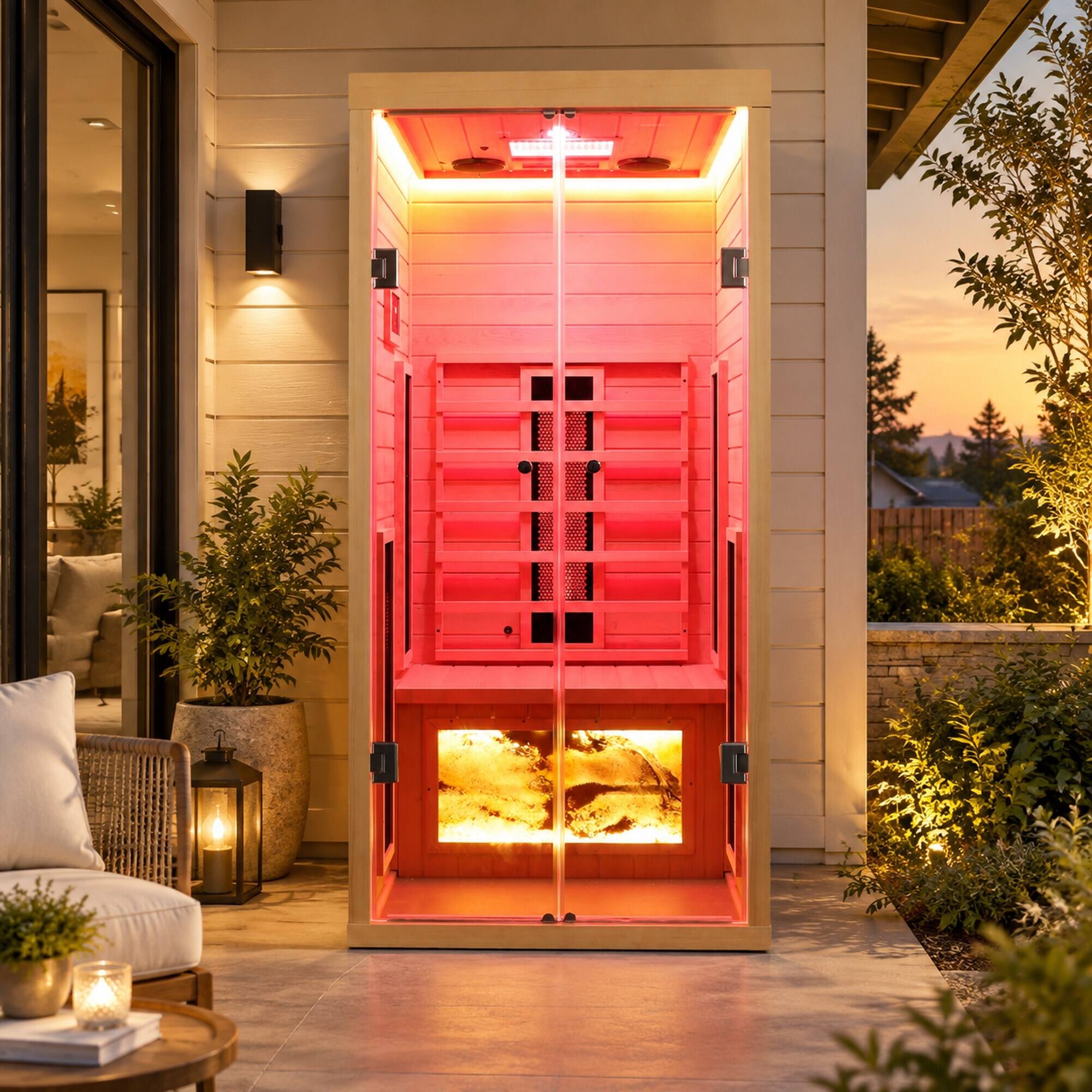 Angle. RYHNUYNE - One Person Hemlock Sauna, Eastern Canadian Hemlock Wood, 1760 W Far Infrared Heating, Low EMF, Bluetooth Speakers - Natural.