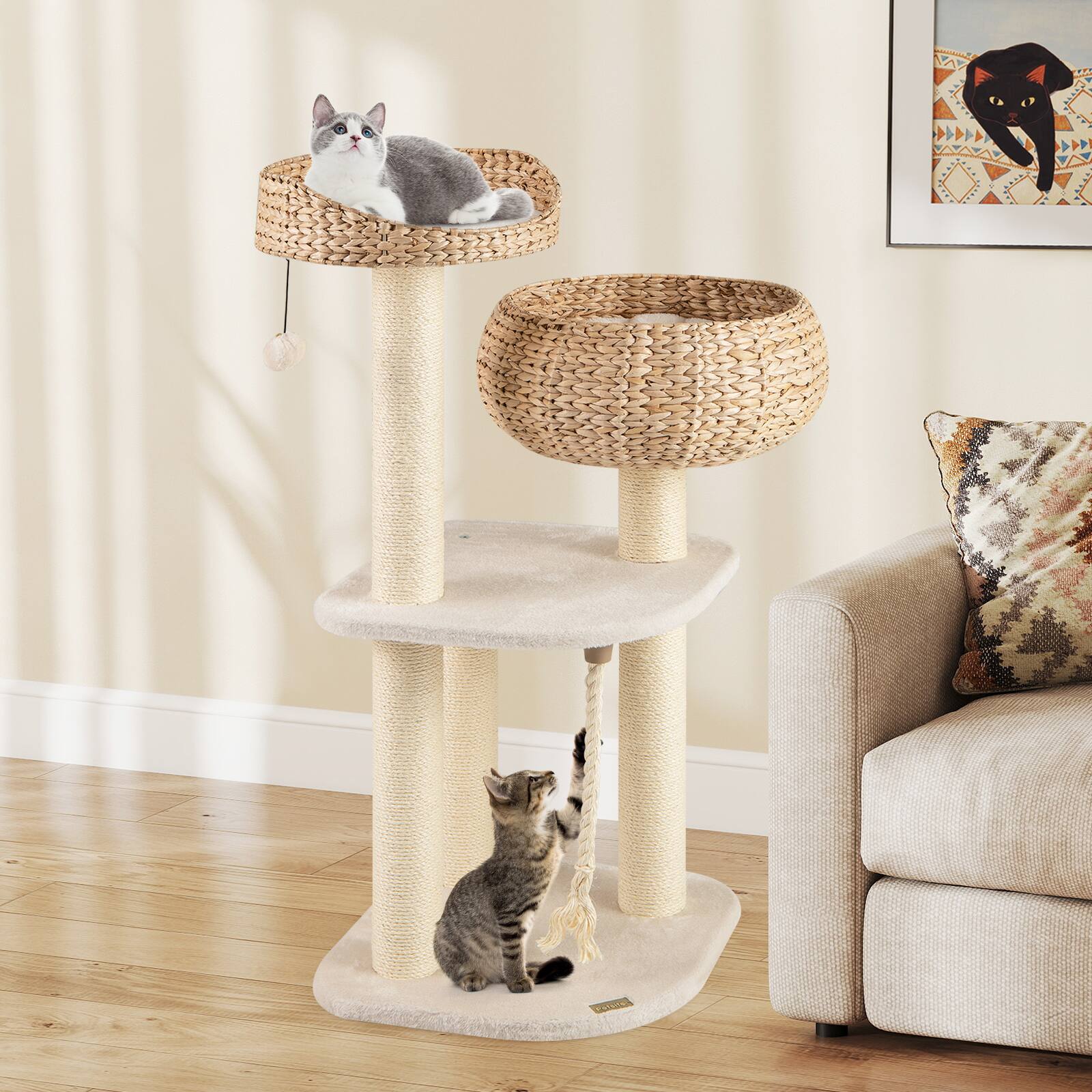 Alt View 3. Gymax - Gymax 41'' Hand-Made Cat Tree Tower Natural Bowl Shaped w/ 2 Perch - GYM17762.