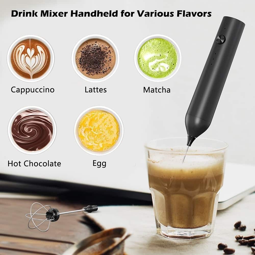 ACJPR - Rechargeable Handheld Milk Frother Wand with Stand, 3-Speed Electric Whisk, 2 Stainless Steel Stirrers, Drink Mixer for - Black