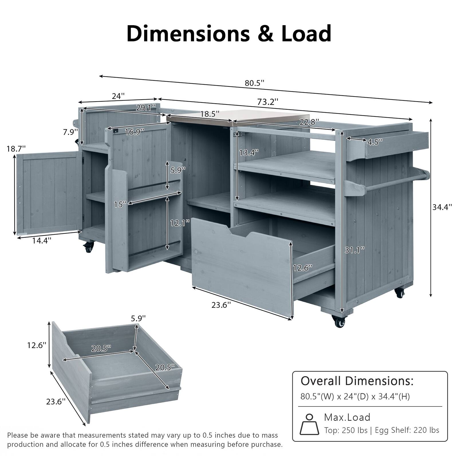 Dimensions & Load

- 18.7"
- 7.9"
- 24"
- 29.1"
- 16.9"
- 18.5"
- 80.5"
- 73.2"
- 13.4"
- 22.8"
- 4.5"
- 5.9"
- 15"
- 34.4"
- 12.1"
- 14.4"
- 31.1"
- 12.6"
- 23.6"
- 5.9"
- 12.6"
- 20.5"
- 23.6"
- 20.5"

Overall Dimensions: 80.5"(W) x 24"(D) x 34.4"(H)

Please be aware that measurements stated may vary up to 0.5 inches due to mass production and allocate for 0.5 inches difference when measuring before purchase.

Max. Load
- Top: 250 lbs
- Egg Shelf: 220 lbs