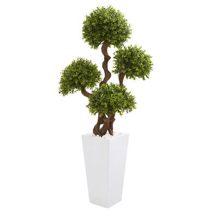 Front. BreeBe - 55" Four Ball Boxwood Topiary Tree in Tall White Planter - Green.