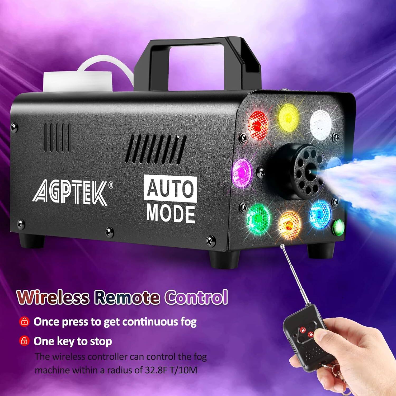 AGPTEK  
AUTO MODE  

Wireless Remote Control  
- Once press to get continuous fog  
- One key to stop  

The wireless controller can control the fog machine within a radius of 32.8F T/10M