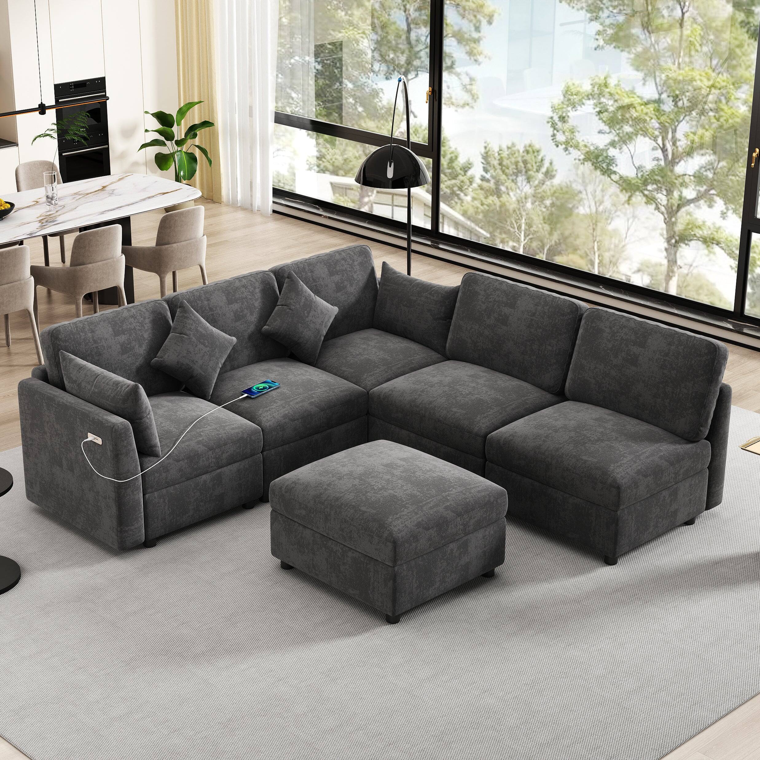 Alt View 3. Boyel Living - 86.6 inch Sectional Sofa U-shaped Sofa L-shaped Sofa with a Movable Ottoman and Two USB Ports for Living Room - Black.