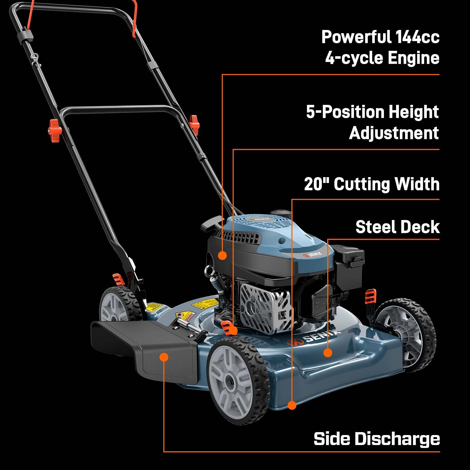Powerful 144cc 4-cycle Engine  
5-Position Height Adjustment  
20" Cutting Width  
Steel Deck  
Side Discharge