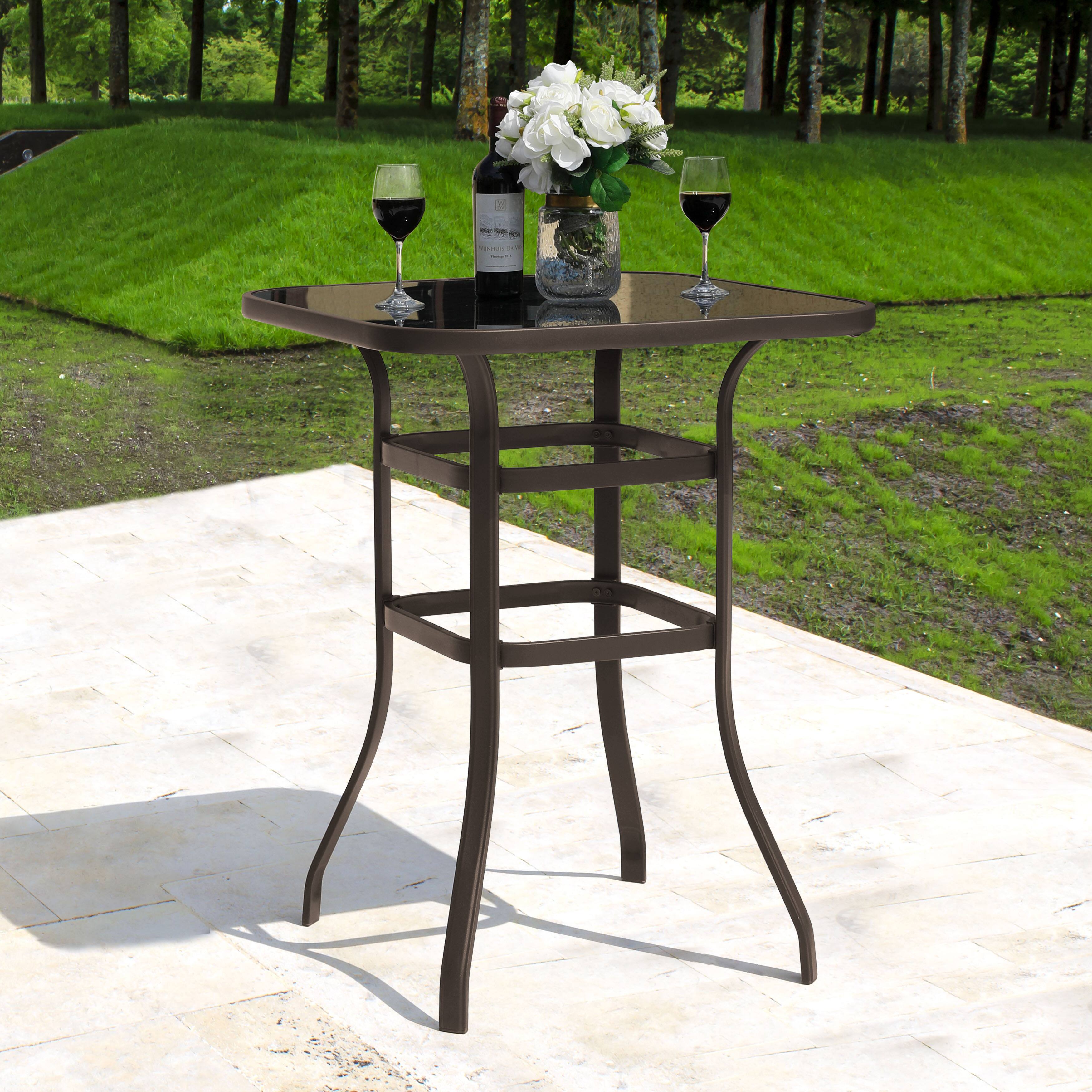 Left. Nuu Garden - 32" Square Outdoor Bar Table, Tempered Glass Tabletop, Powder-coated Iron Frame - Brown with Gold Speckles.