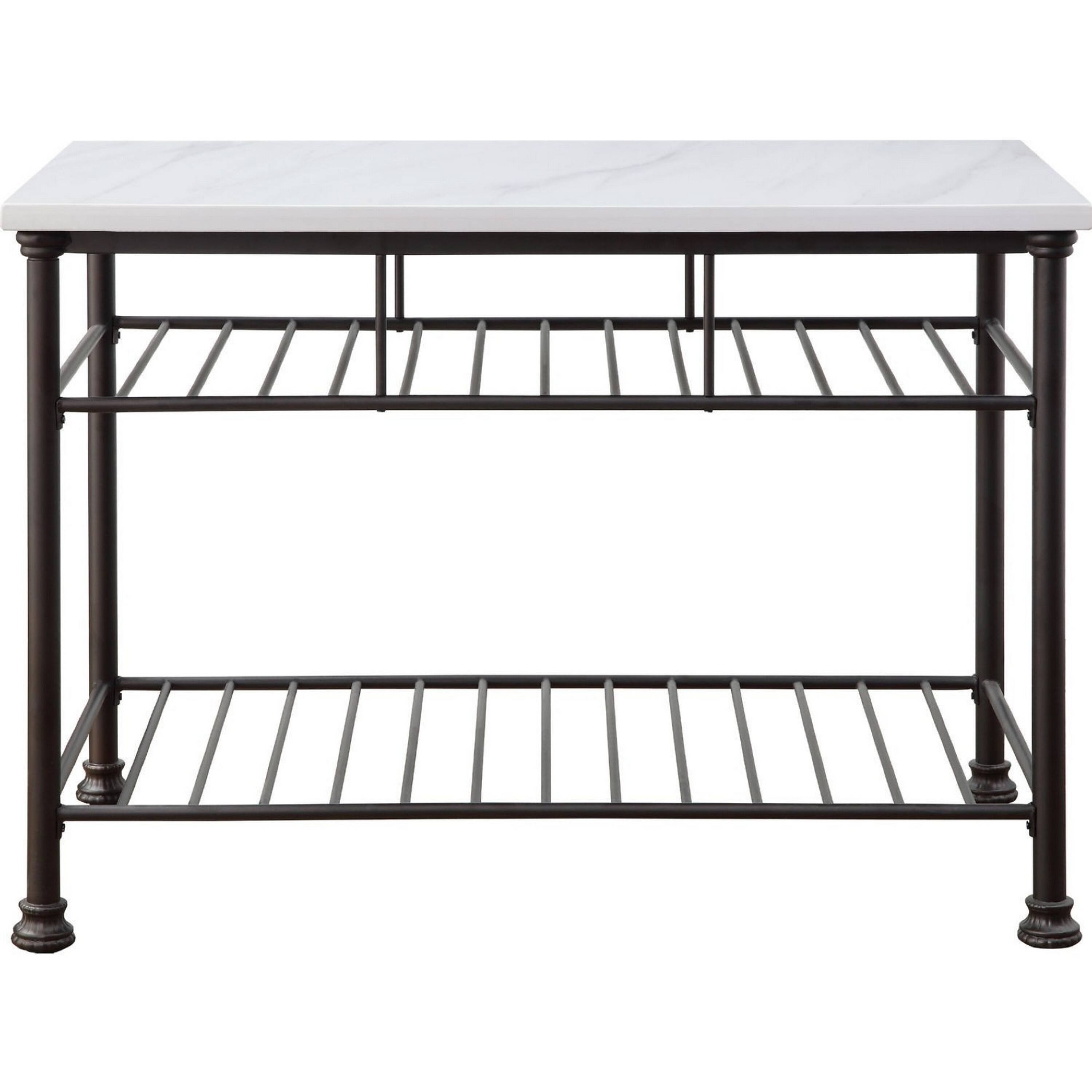 Angle. Manhattan Lane - Kitchen Island with Artificial Marble Top and 2 Slatted Shelf - White.