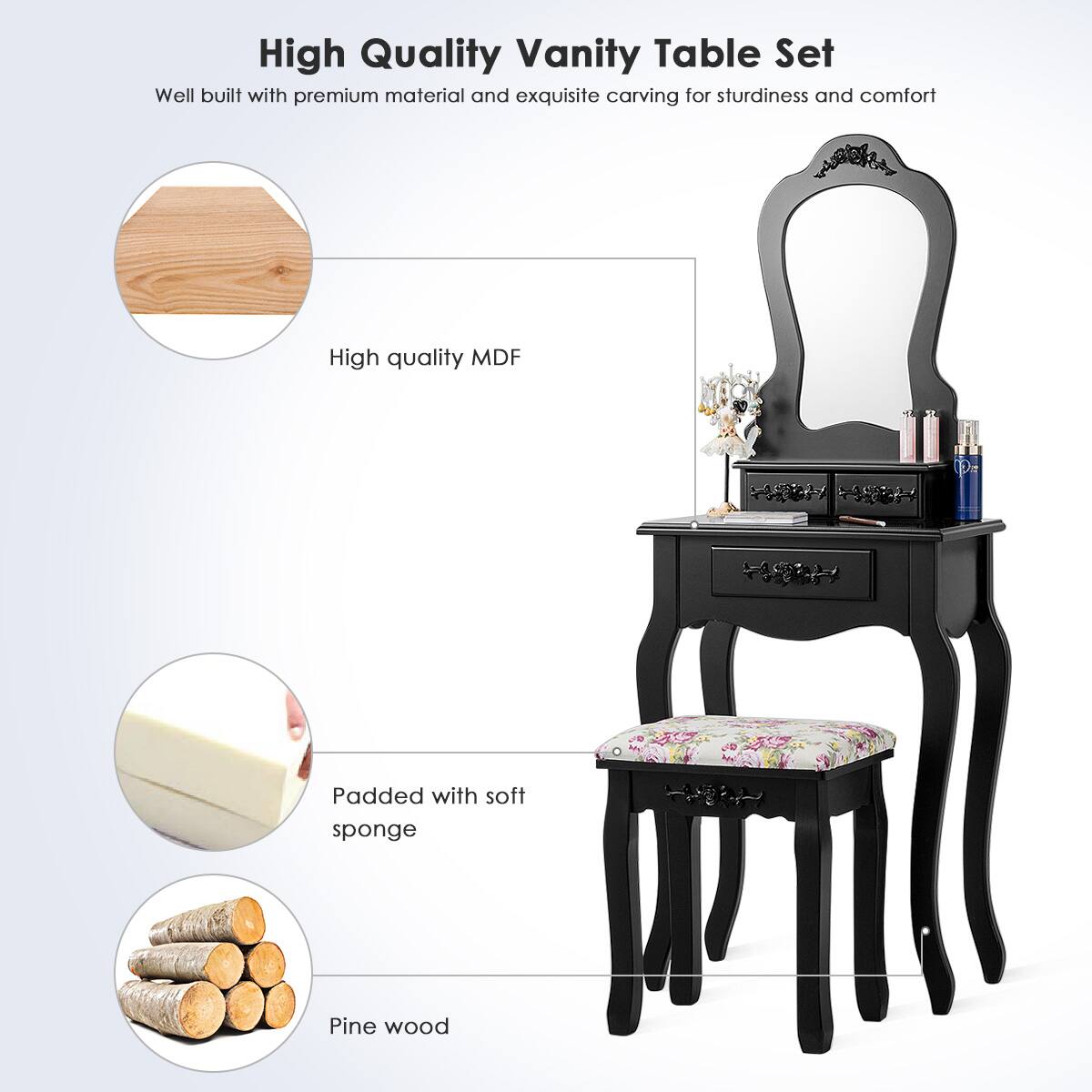High Quality Vanity Table Set  
Well built with premium material and exquisite carving for sturdiness and comfort  

- High quality MDF  
- Padded with soft sponge  
- Pine wood