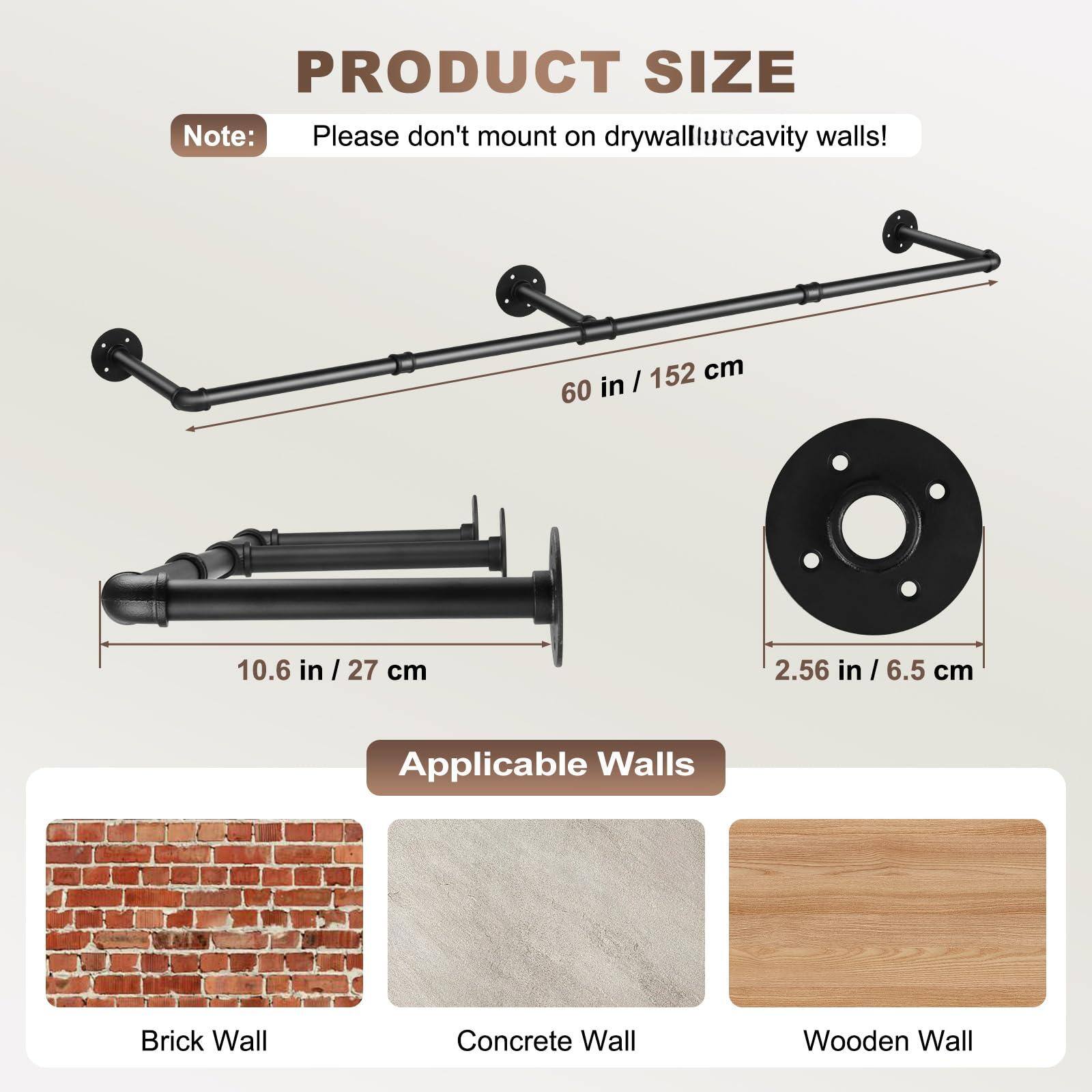 **PRODUCT SIZE**

**Note:**  
Please don't mount on drywall or cavity walls!

- 60 in / 152 cm
- 10.6 in / 27 cm
- 2.56 in / 6.5 cm

**Applicable Walls**

- Brick Wall
- Concrete Wall
- Wooden Wall