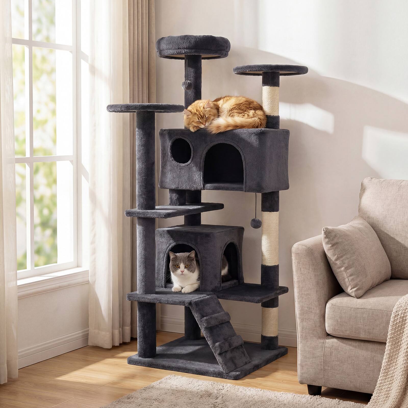 Alt View 1. Gymax - Gymax 52'' Tall Cat Tree Tower w/2 Condos Plush Padded Perch Sisal Scratching Posts Light Gray.