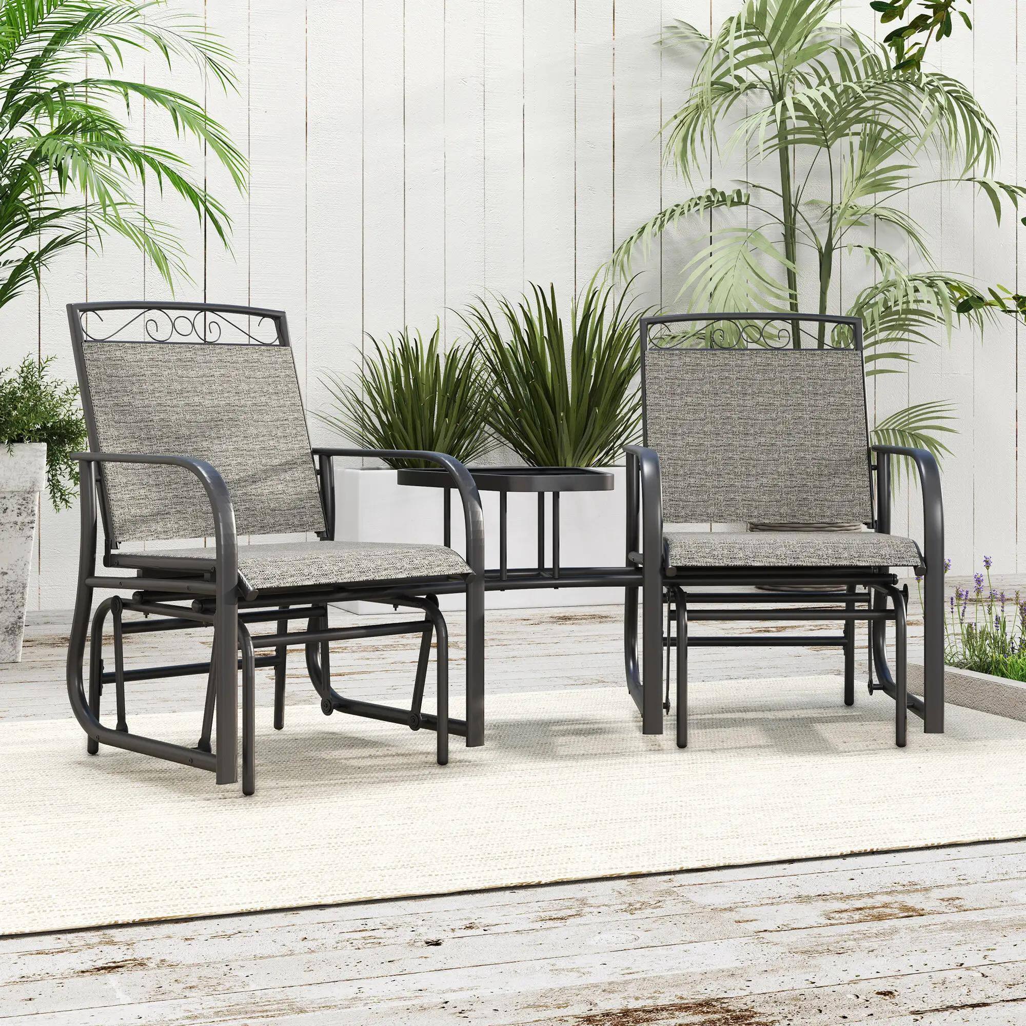 Alt View 1. Resenkos - Resenkos Patio Glider Chairs with Coffee Table, 2-Seat Swing Rocker, Breathable Sling, Outdoor Backyard Relaxation, Gray - Gray.