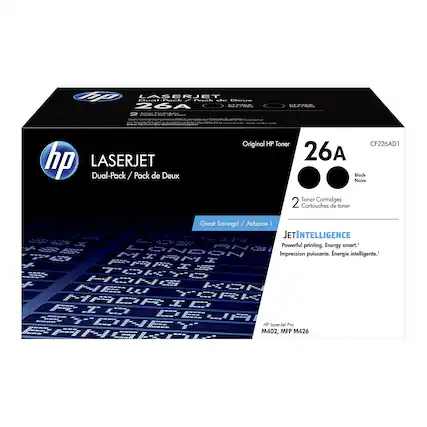 **HP LaserJet Dual-Pack / Pack de Deux**
- **Original HP Toner 26A Black / Noire**
- **CF226AD1**
- **2 Toner Cartridges / 2 Cartouches de Toner**
**Great Savings! / Aubaine!**
**JetIntelligence**
- **Powerful printing. Energy smart.**
- **Impression puissante. Énergie intelligente.**
**HP LaserJet Pro M402, MFP M426**