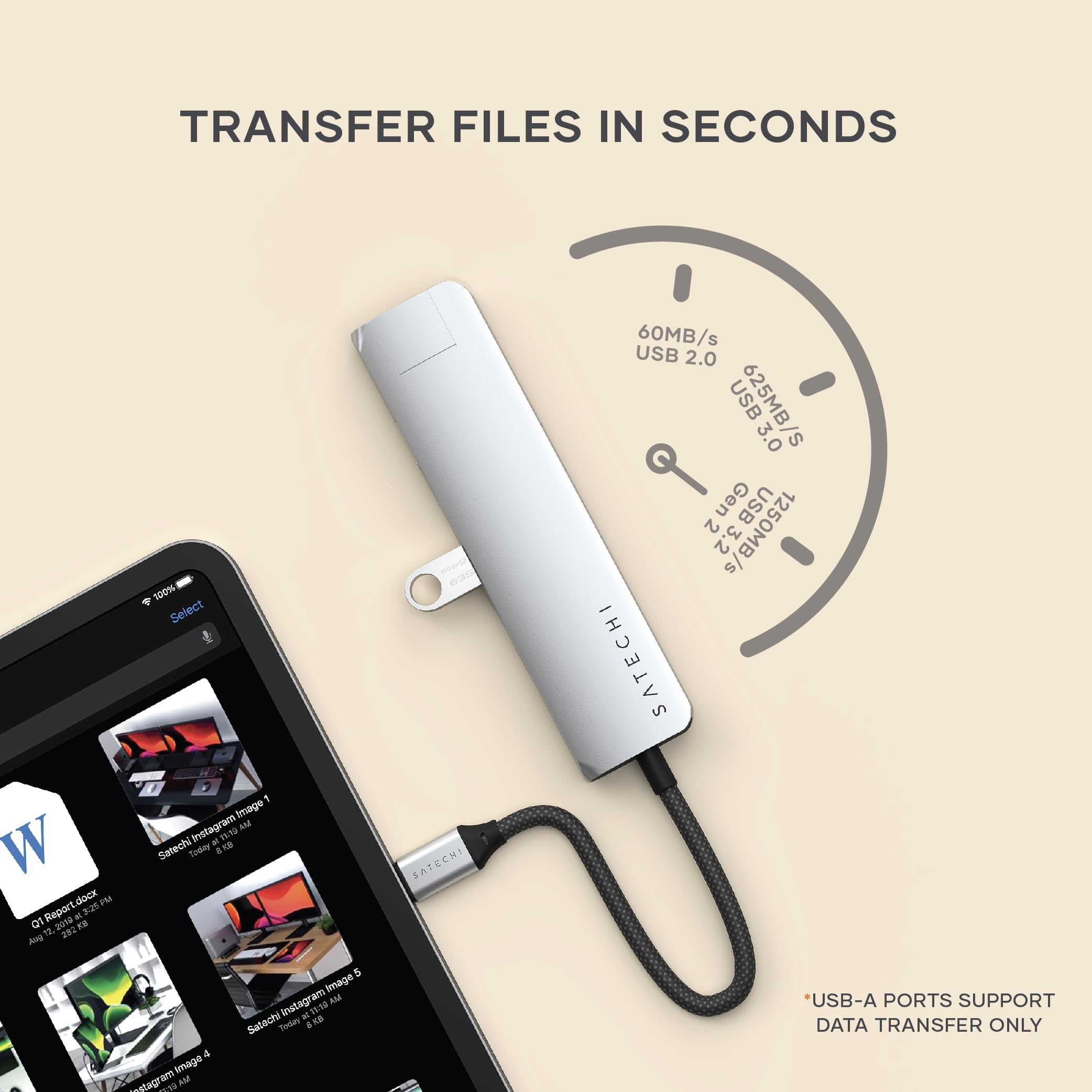 TRANSFER FILES IN SECONDS

- 60MB/s USB 2.0
- 625MB/s USB 3.0

USB-A PORTS SUPPORT DATA TRANSFER ONLY
