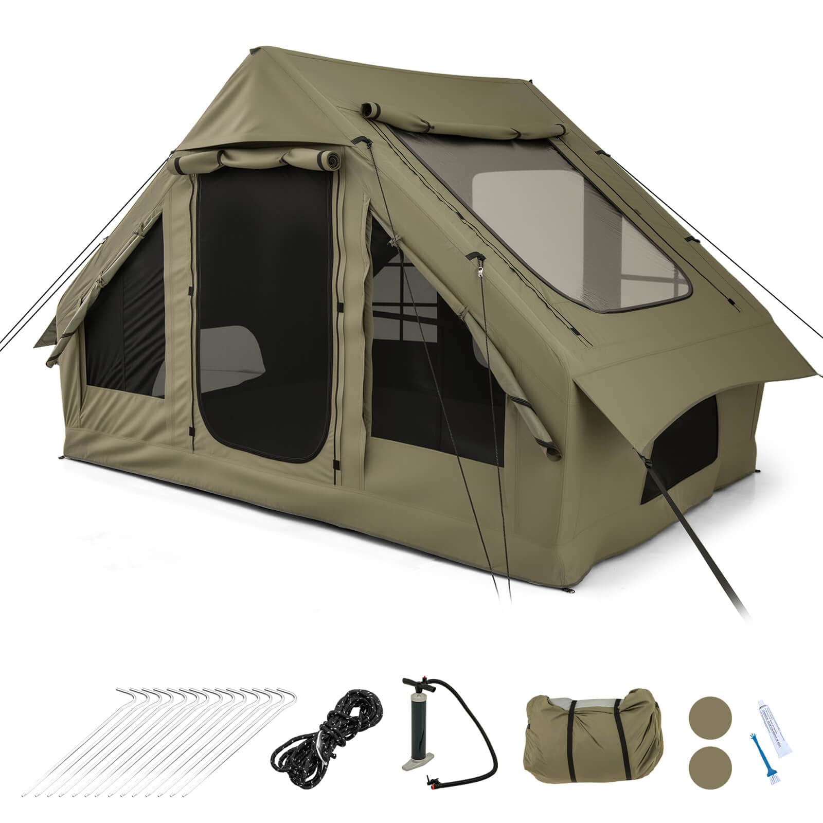 Costway - 4-6 People Inflatable Tent with 4 Mesh Screen Windows 2 Doors Skylight Carrying Bag - Green