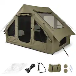 Costway - 4-6 People Inflatable Tent with 4 Mesh Screen Windows 2 Doors Skylight Carrying Bag - Green