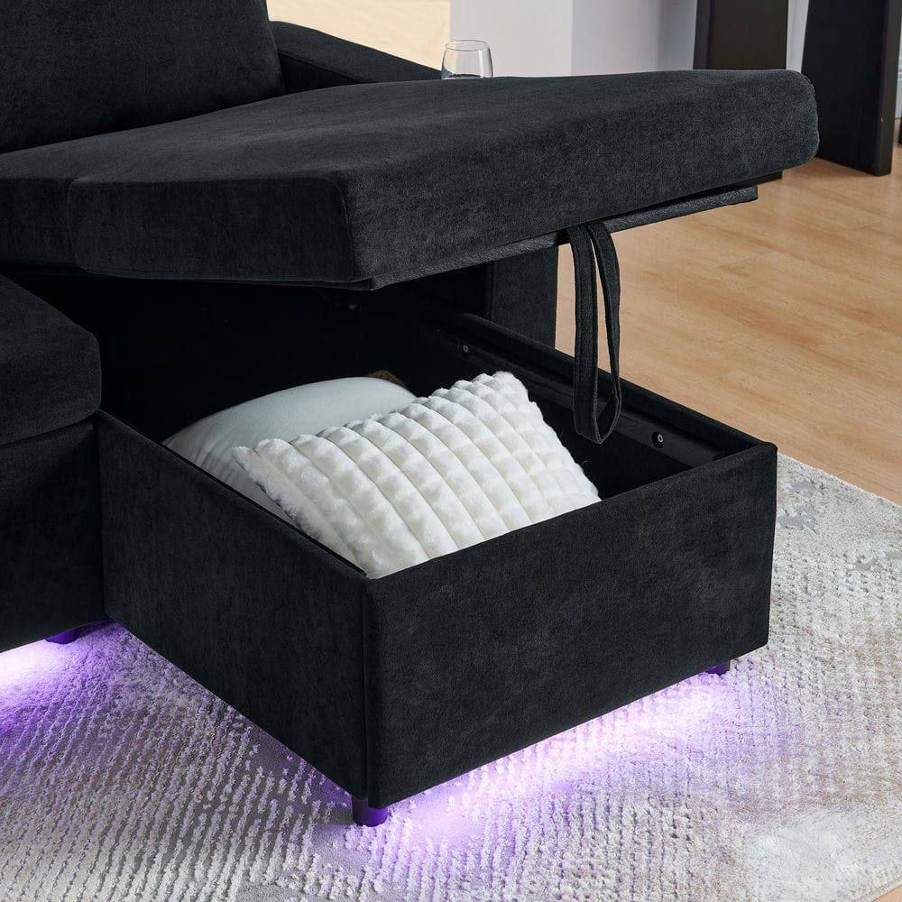Alt View 4. Kadyn - Pull-Out Sleeper Sofa with Retractable Table, Features LED Lights, USB Ports, and Cup Holders, Black - Black.
