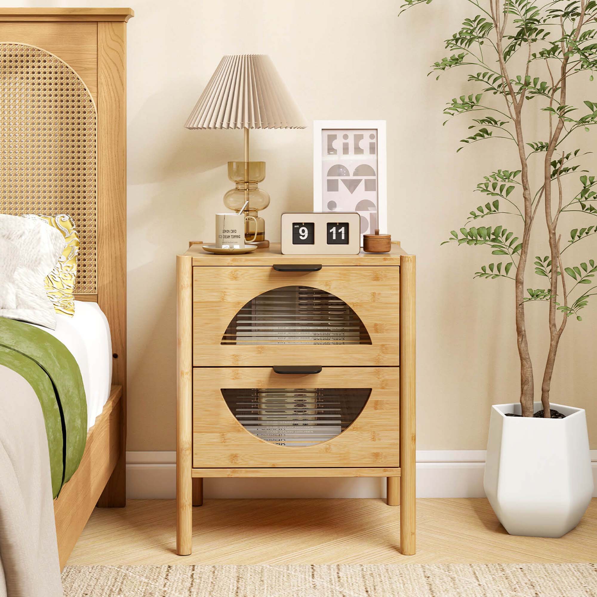 Alt View 1. Costway - 1 PCS Bamboo Nightstand with 2 Storage Drawers & Reeded Tempered Glass Fronts Bedroom - Natural.