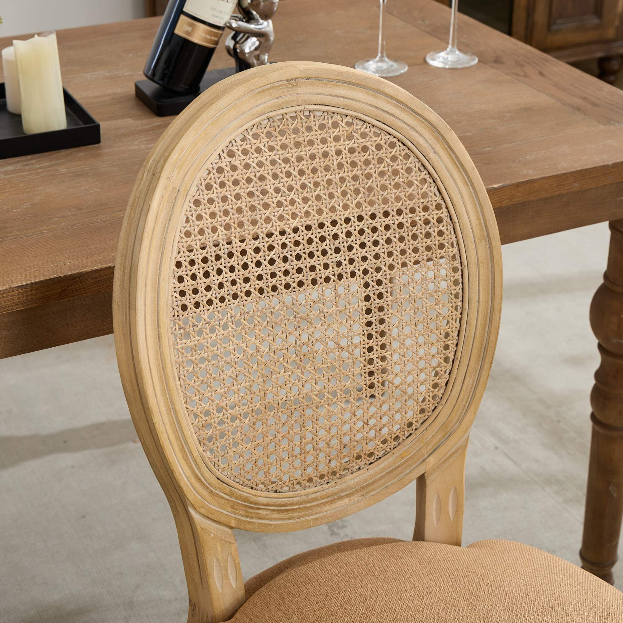 Alt View 6. GOODSILO - French Style Solid Wood Dining Chairs with Linen Upholstery and Rattan Backrest, Set of 2 - Tan.