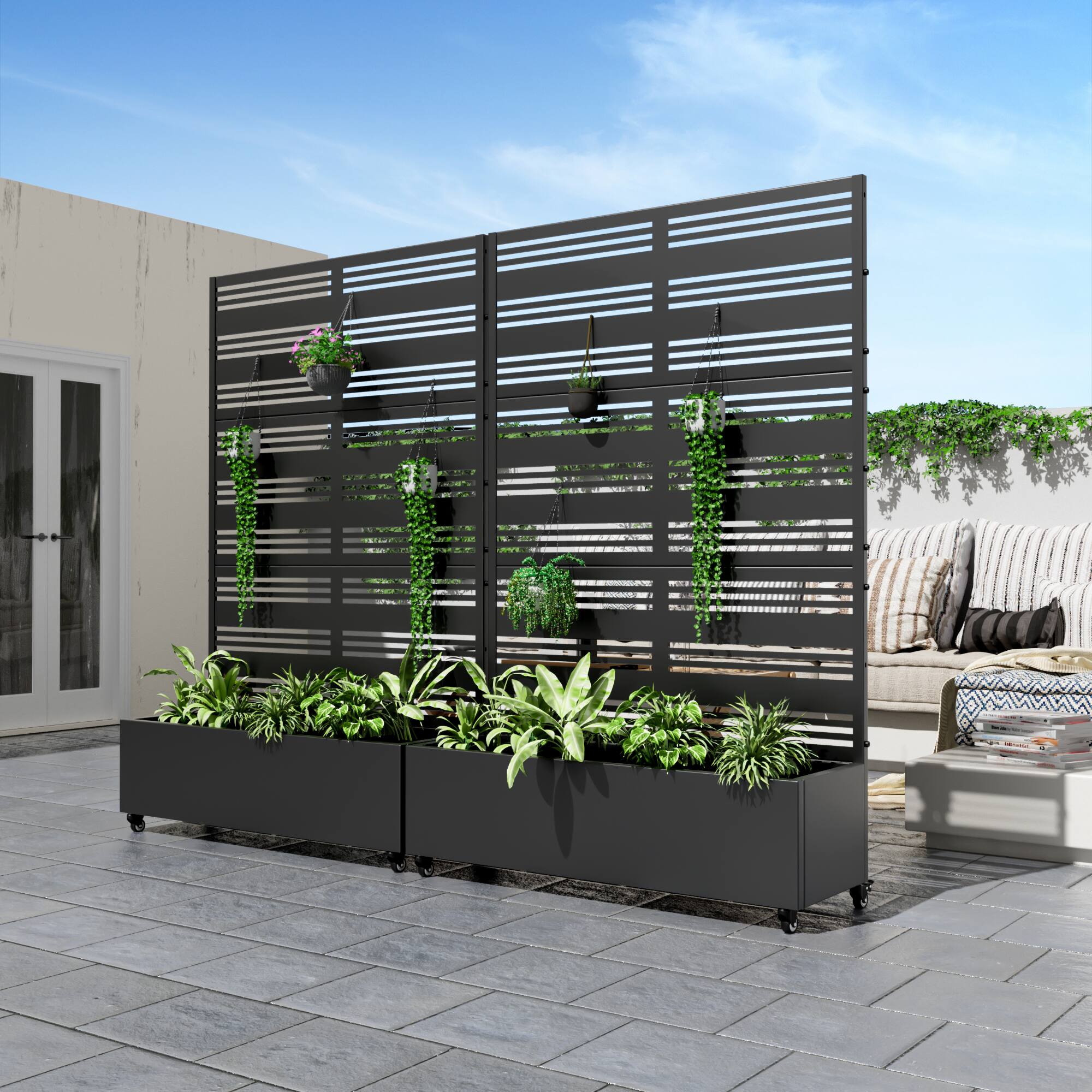 Alt View 1. PexFix - 72 in. H x 47 in. W Harold Pattern Rectangle Metal Planter Box Raised Garden Beds with Trellis-Ideal for Balcony - Black.