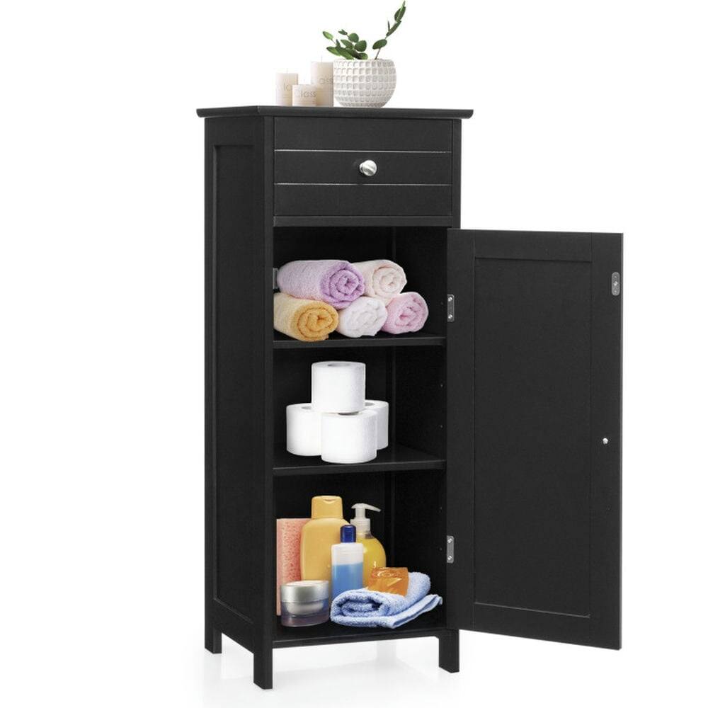 Front. Kadyn - Wooden Storage Free-Standing Floor Cabinet with Drawer and Shelf-Black, Bathroom Cabinets for Entryway Storage - Black.