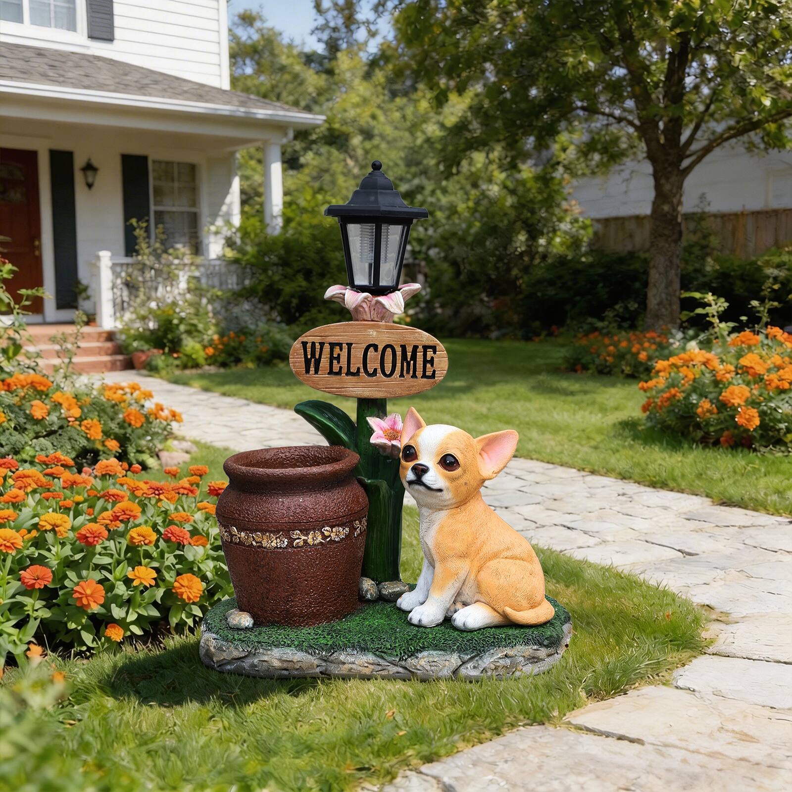 Left. Anysun - Sitting Corgi Dog Planter, Cute Weather-Resistant Resin Statue for Succulents, Outdoor Decor for Patio or Garden - Brown.