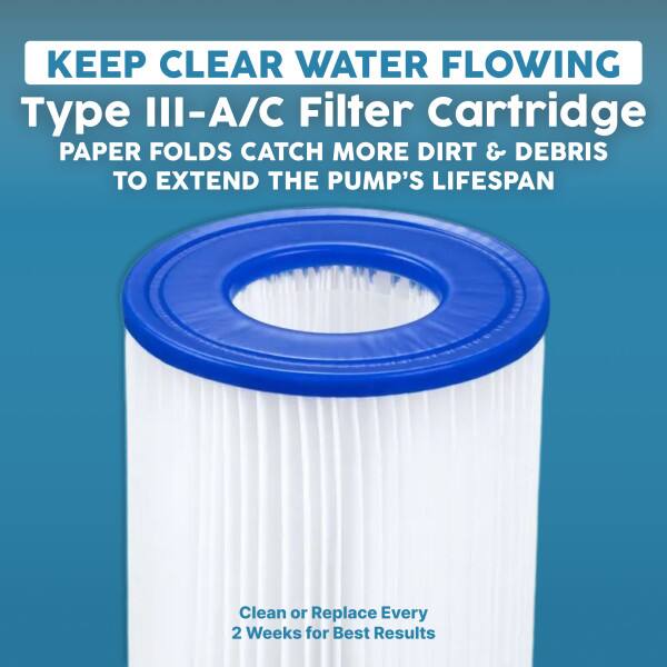 KEEP CLEAR WATER FLOWING  
Type III-A/C Filter Cartridge  
PAPER FOLDS CATCH MORE DIRT & DEBRIS TO EXTEND THE PUMP'S LIFESPAN  

Clean or Replace Every 2 Weeks for Best Results