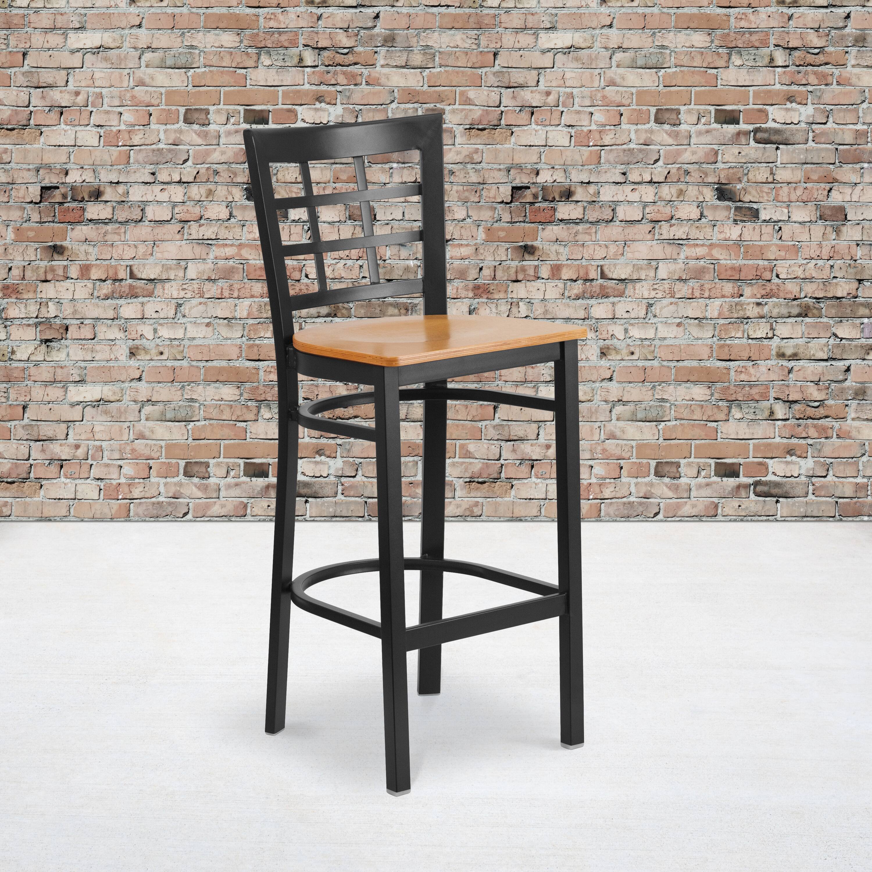 Alt View 1. Emma + Oliver - Window Back Metal Restaurant Dining Barstool - Natural Wood Seat/Black Metal Frame.