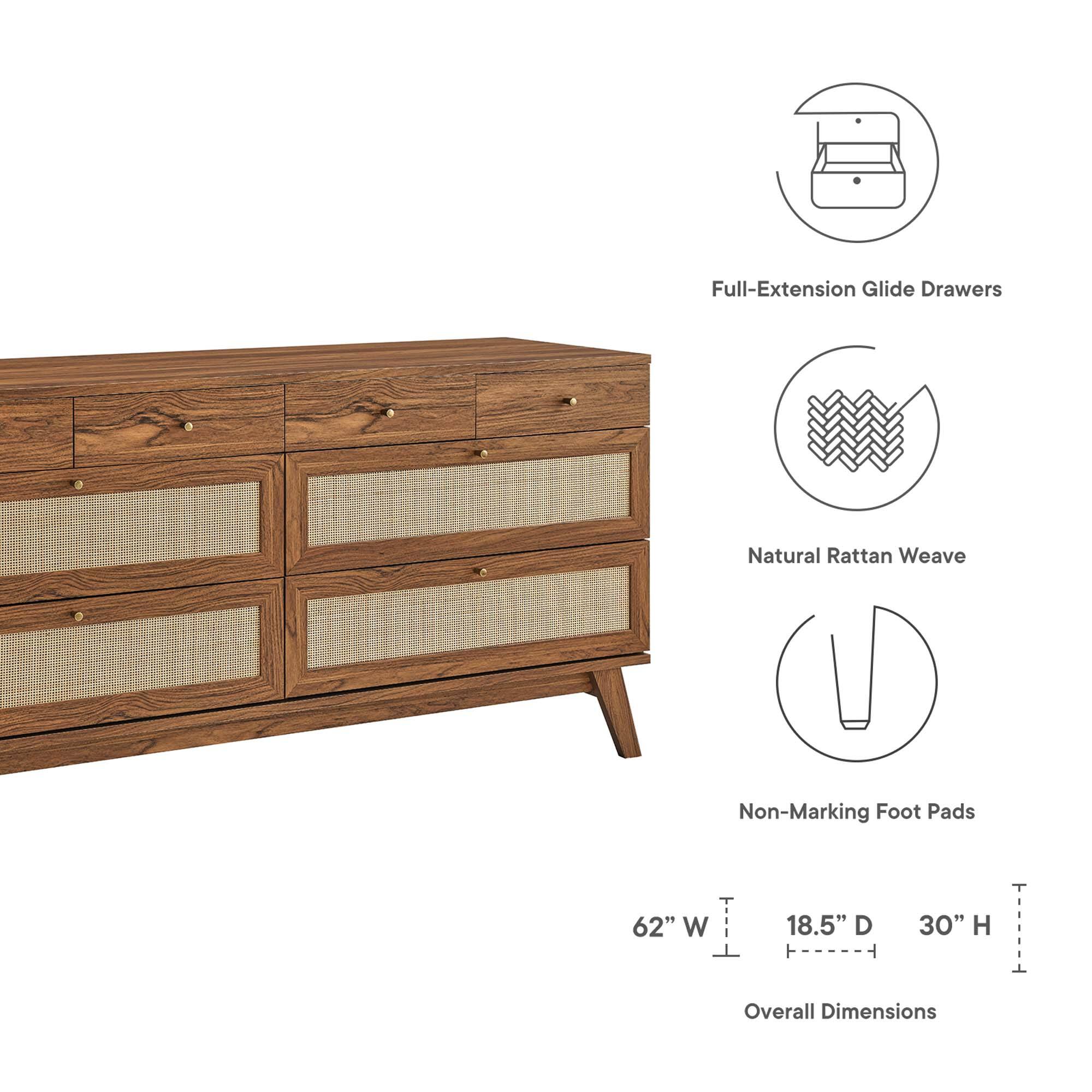 - Full-Extension Glide Drawers
- Natural Rattan Weave
- Non-Marking Foot Pads

Overall Dimensions:
- 62" W
- 18.5" D
- 30" H