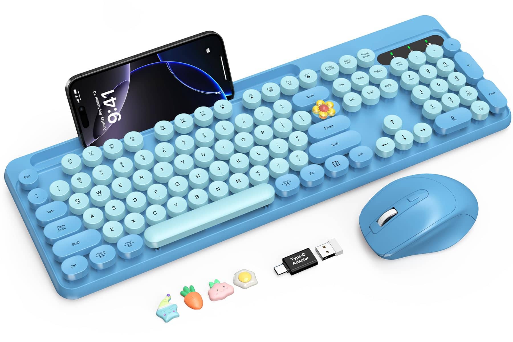 PARKER SLATER - Wireless And Mouse Combo Cute Round Keycaps Full-size Retro Typewriter With Detachable Wrist Rest 2.4ghz Cordless - Sky Blue