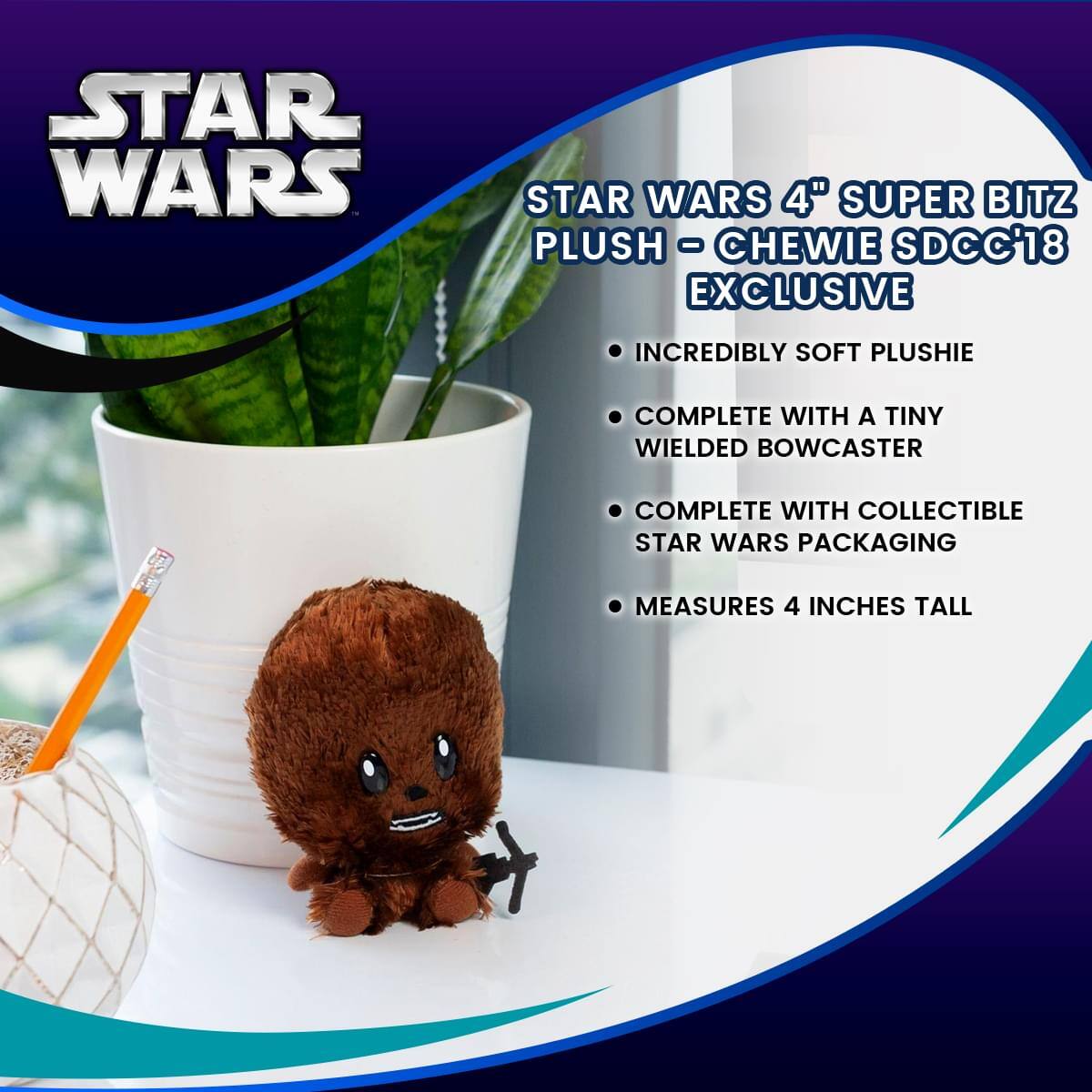 STAR WARS 4" SUPER BITZ PLUSH - CHEWIE SDCC'18 EXCLUSIVE  
- INCREDIBLY SOFT PLUSHIE  
- COMPLETE WITH A TINY WIELDED BOWCASTER  
- COMPLETE WITH COLLECTIBLE STAR WARS PACKAGING  
- MEASURES 4 INCHES TALL