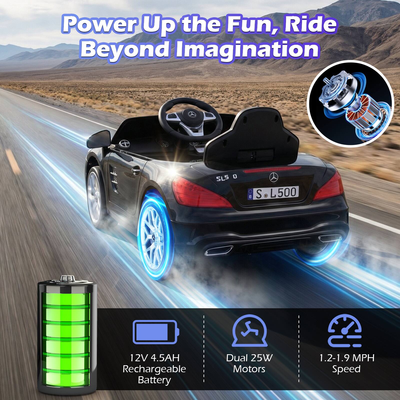 Power Up the Fun, Ride Beyond Imagination

SLS O a S L500

12V 4.5AH Rechargeable Battery

Dual 25W Motors

1.2-1.9 MPH Speed