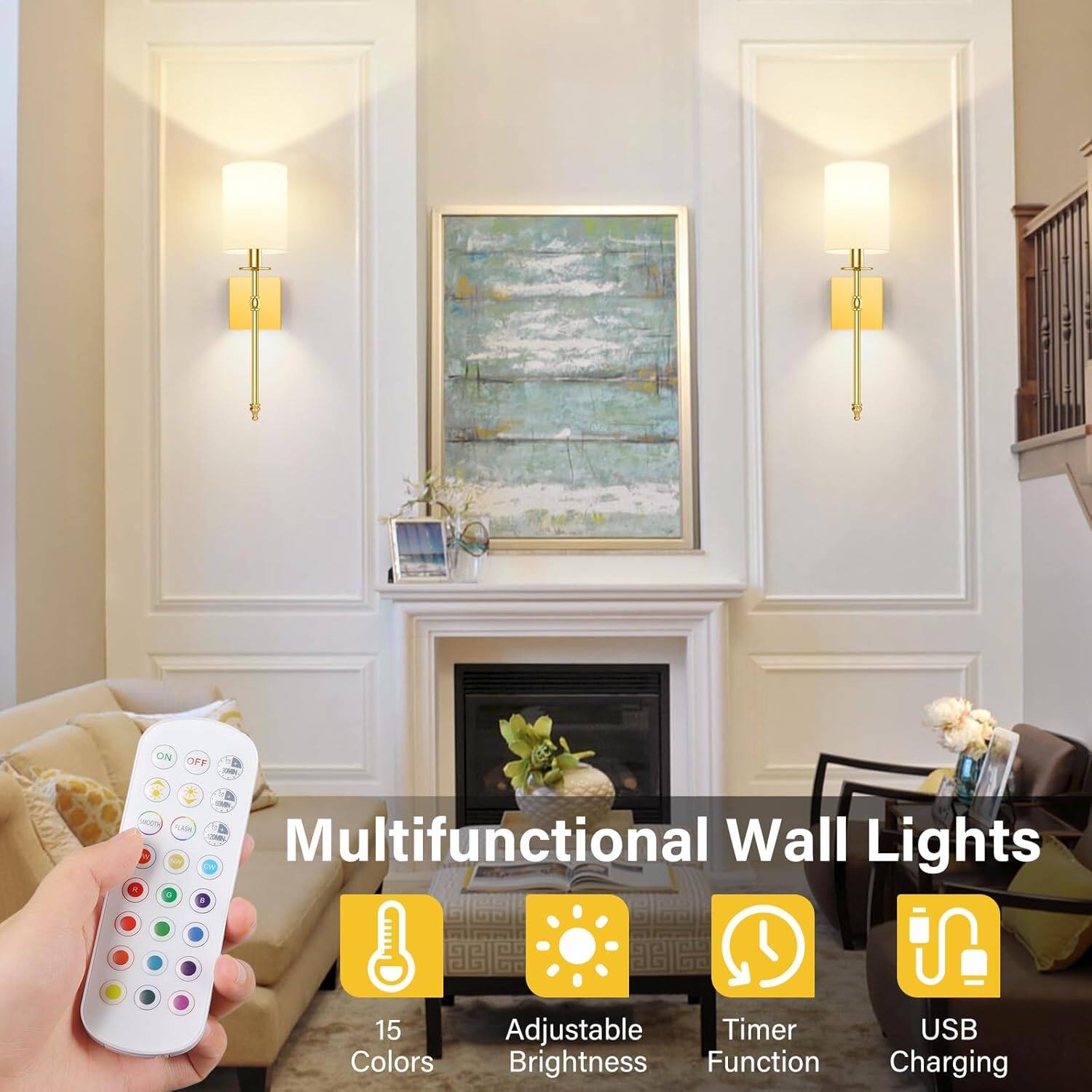 Multifunctional Wall Lights

- 15 Colors
- Adjustable Brightness
- Timer Function
- USB Charging