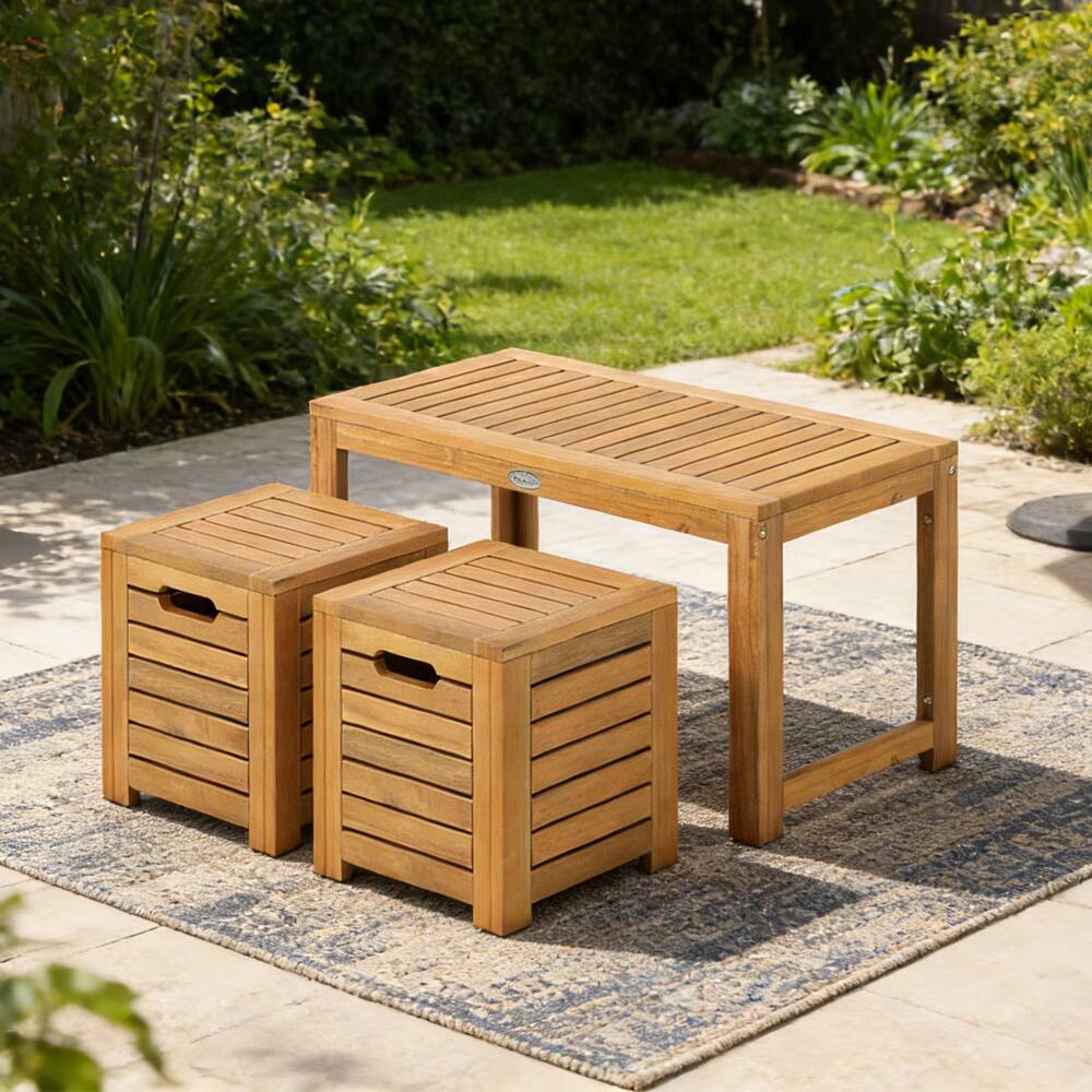 Angle. Bestier - 3 Pieces Patio Table Acacia Wood Outdoor Coffee Table for Balcony, Patio - Yellow.