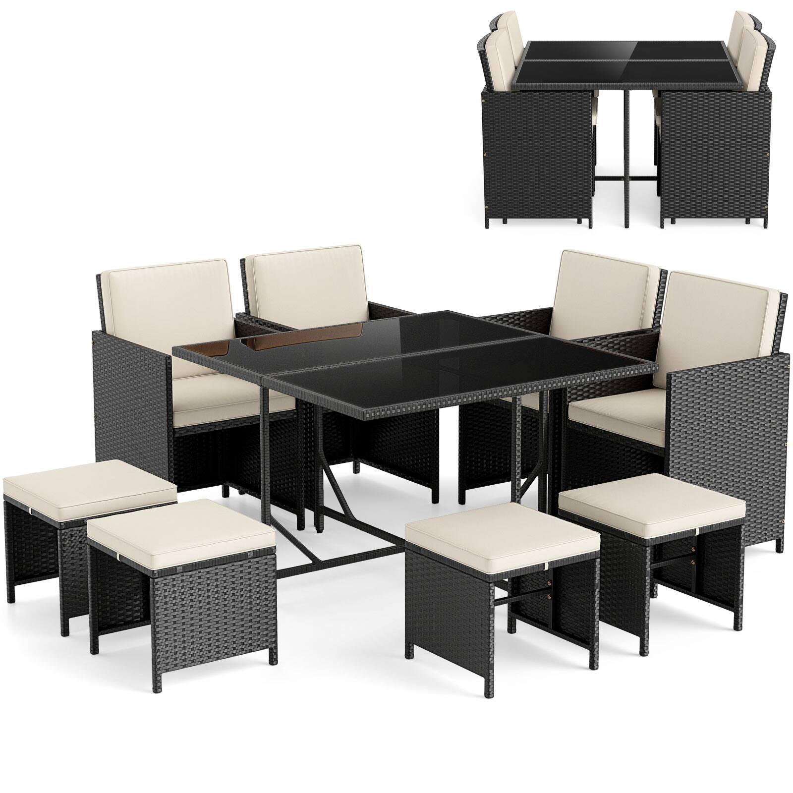 Alt View 7. Gymax - Gymax Set Of 9 Patio Dining Set w/Tempered Glass Table & Ottoman Removable Cushions - Black, Off White.