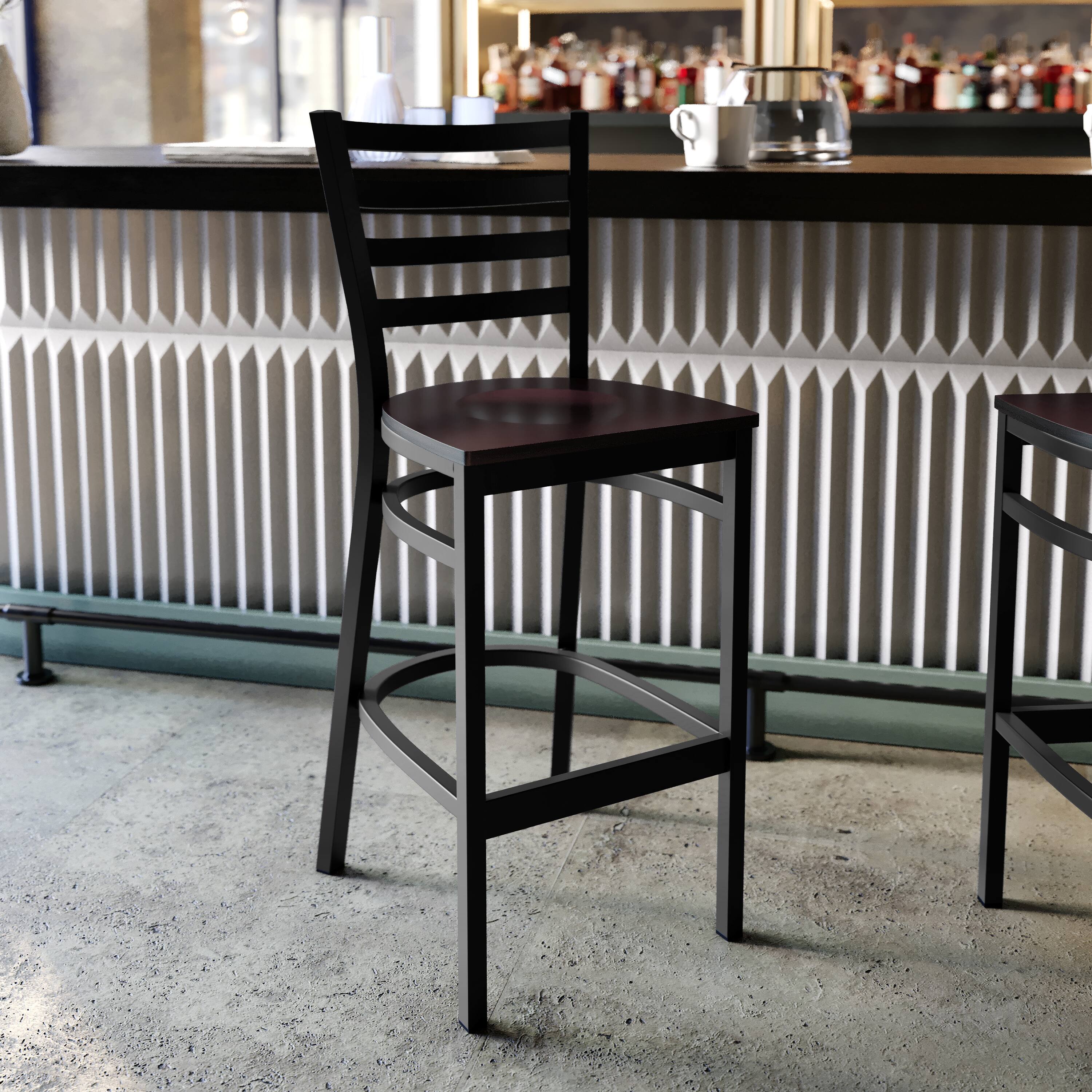 Alt View 1. Emma + Oliver - Ladder Back Metal Restaurant Dining Barstool - Walnut Wood Seat/Black Metal Frame.
