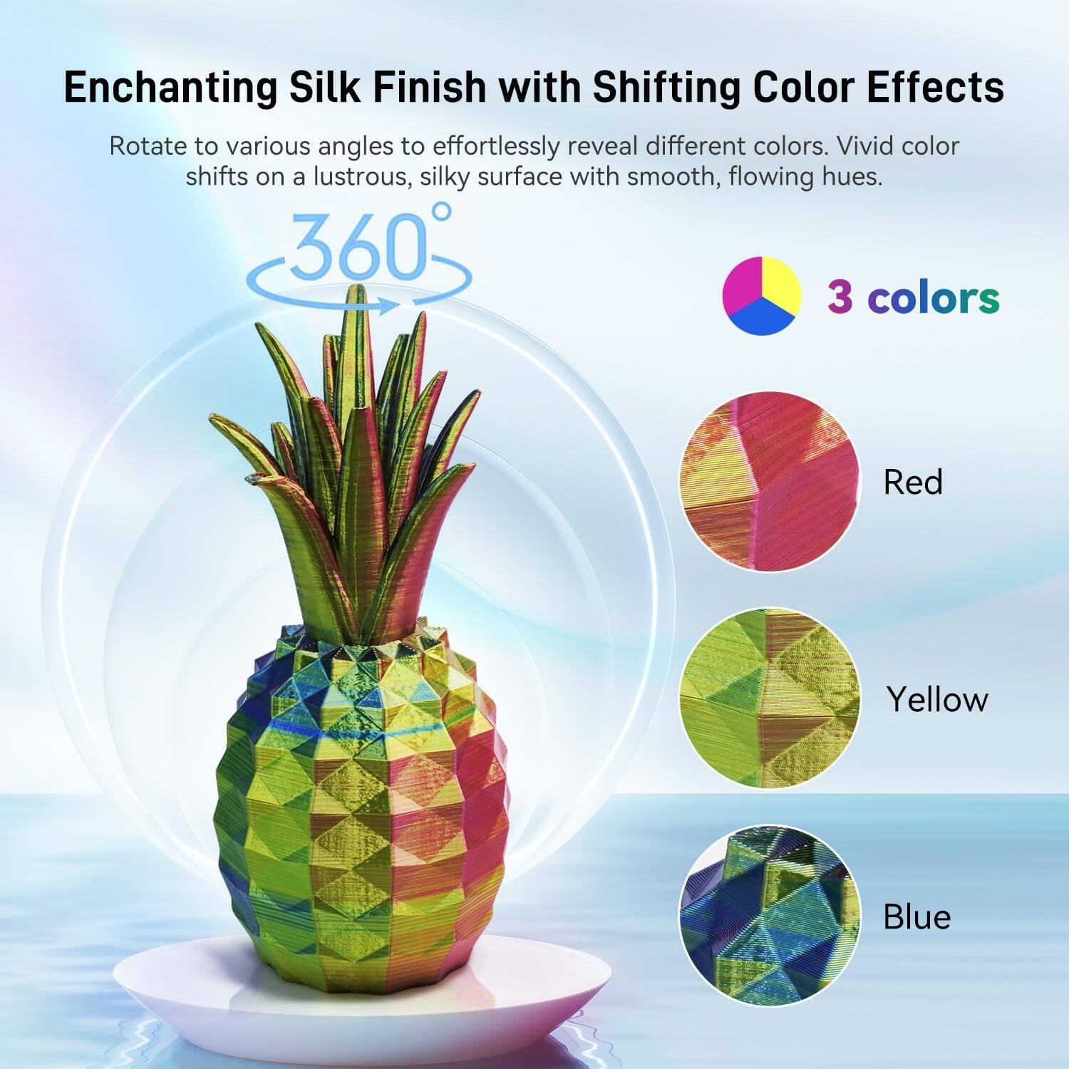 Enchanting Silk Finish with Shifting Color Effects

Rotate to various angles to effortlessly reveal different colors. Vivid color shifts on a lustrous, silky surface with smooth, flowing hues.

360°

3 colors
- Red
- Yellow
- Blue