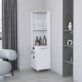 TinyHomie - White Corner Bar Cabinet with Glass Holder and Wine Rack