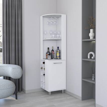 Front. TinyHomie - White Corner Bar Cabinet with Glass Holder and Wine Rack.