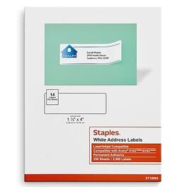 Staples - Laser/Inkjet Address Labels, 1 1/3" x 4", 14 Labels/Sheet, 250 Sheets/Box, 3500 Labels/Box - White