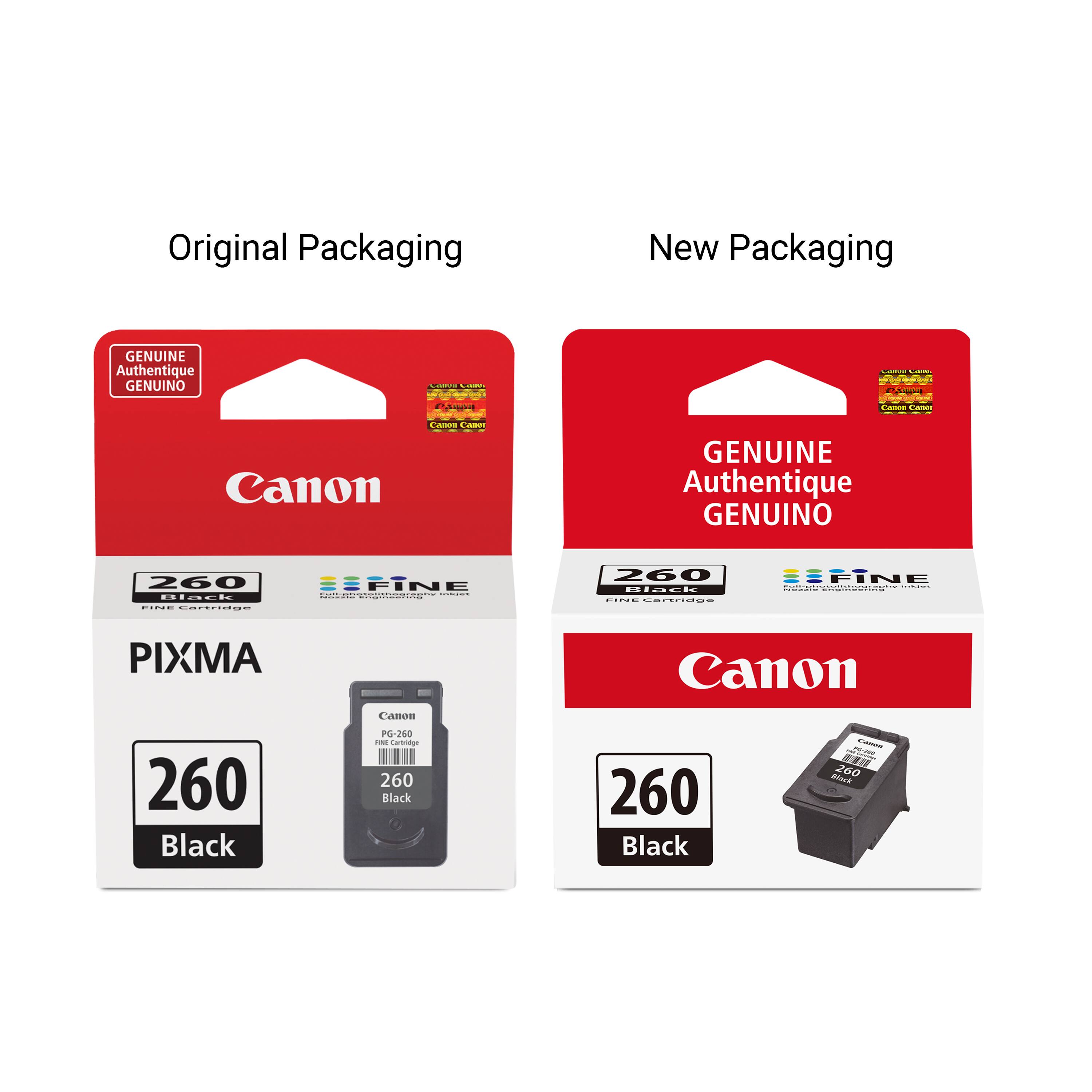Original Packaging New Packaging GENUINE Authentique GENUINO  
ame - Ces - Canon GENUINE Authentique GENUINO  
260 FINE DmSmU AU : tineke CIdE Cacridns  
260 TIFINE lelataag : niact IDE Caraiion  
PIXMA Canon Canon 260 Black PG-260  
Carriaas 260 Black 260 Black B
