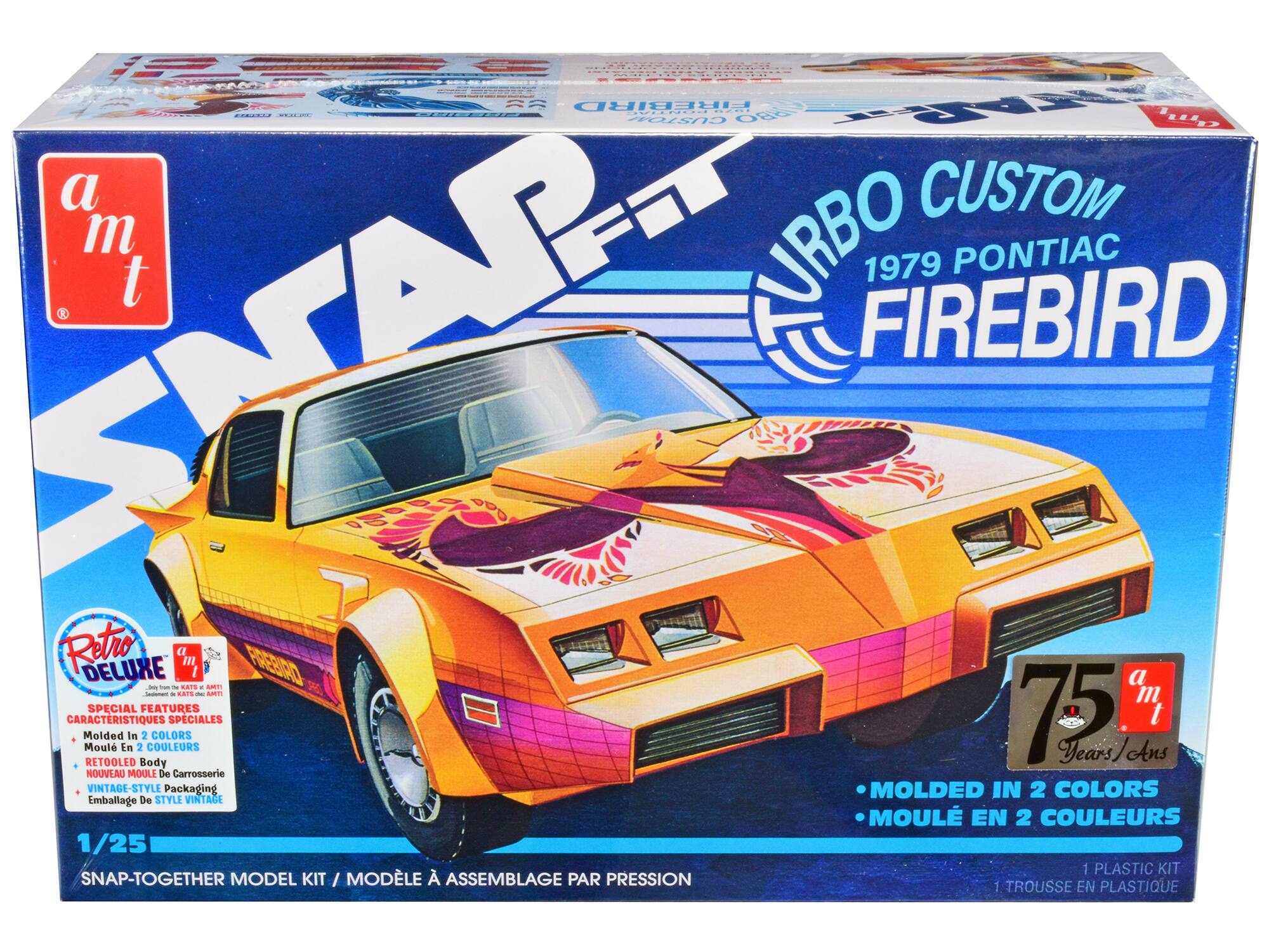 Sure, here is the corrected and grouped text from the image:

---

**a.m.t**

**SNAP-FIT**

**TURBO CUSTOM**  
**1979 PONTIAC FIREBIRD**

**Retro Deluxe**

**SPECIAL FEATURES**  
- Molded in 2 Colors  
- Retooled Body  
- Vintage-Style Packaging

**CARACTÉRISTIQUES SPÉCIALES**  
- Moulé en 2 Couleurs  
- Nouveau Moulé de Carrosserie  
- Emballage de Style Vintage

**1/25**  
**SNAP-TOGETHER MODEL KIT / MODÈLE À ASSEMBLAGE PAR PRESSION**

**75 Years / 75 Ans**

**MOLDED IN 2 COLORS / MOULÉ EN 2 COULEURS**

**1 PLASTIC KIT / 1 TROUSSE EN PLASTIQUE**

---