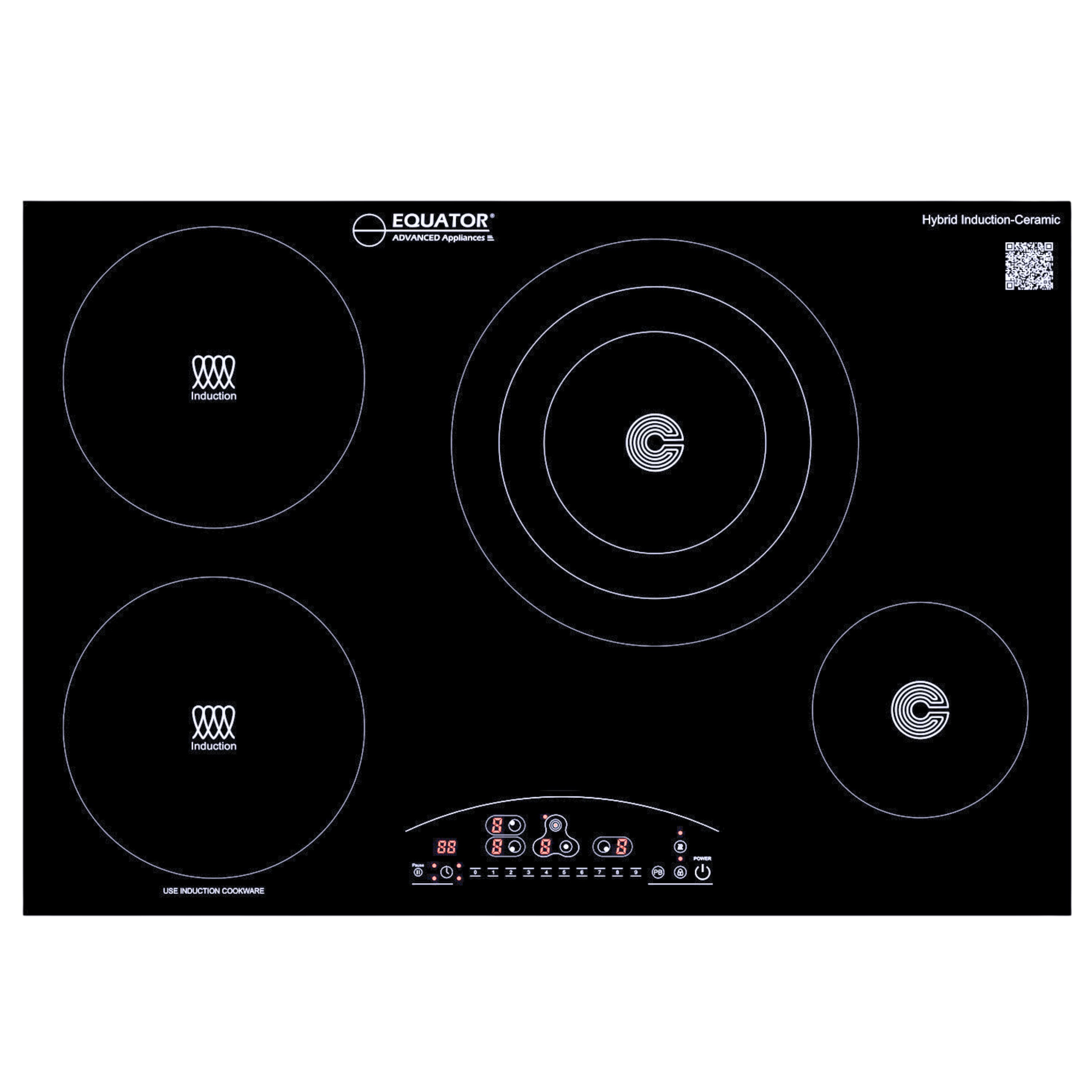 Equator - 30" Built-in Electric Cooktop | Hybrid Ceramic & Induction 4-Burner | 9 Power Levels Triple Heating Element 220V - Black