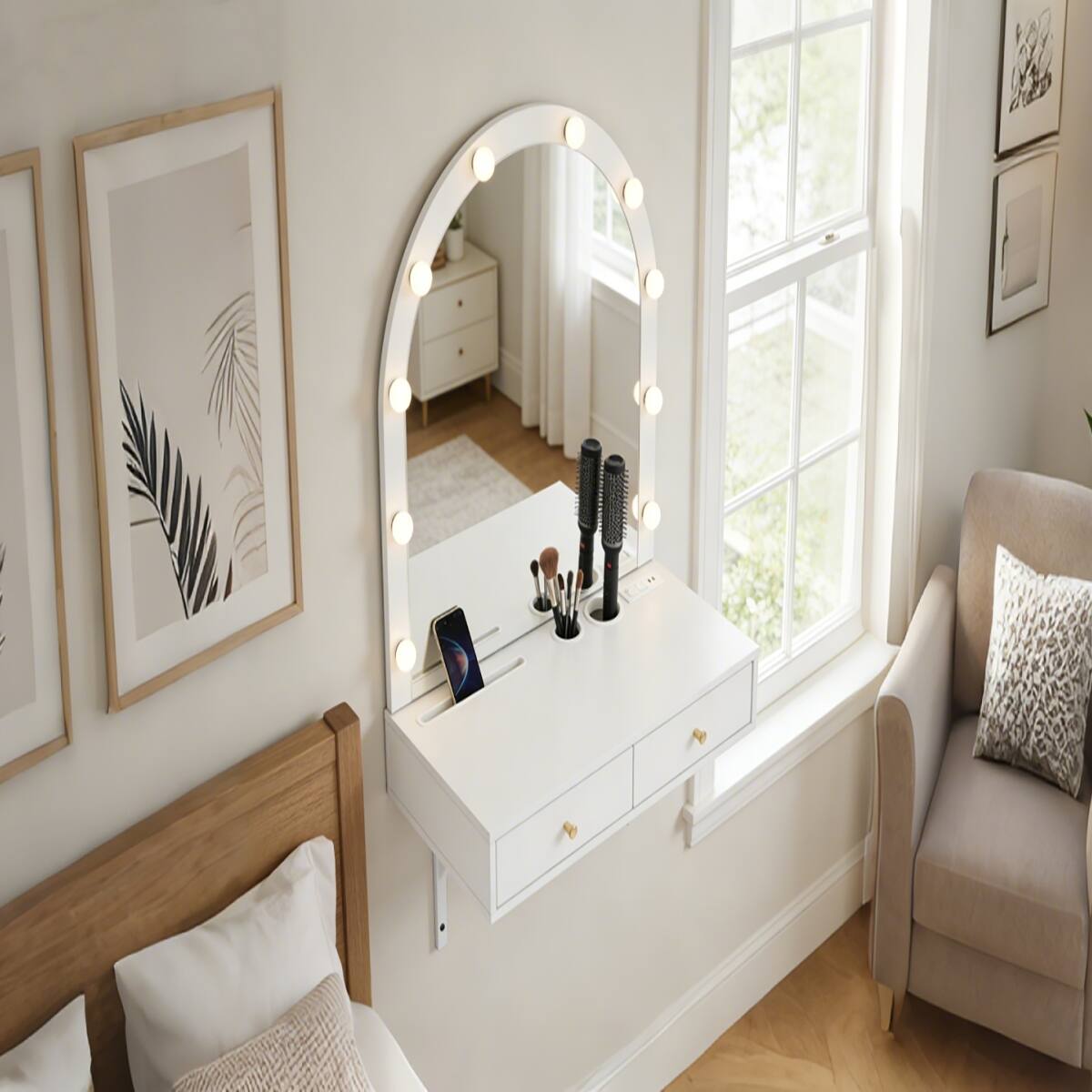Alt View 1. Loheer - Loheer Floating Makeup Vanity Desk with Mirror and Lights, White Wall Mounted Vanity Desk - White.