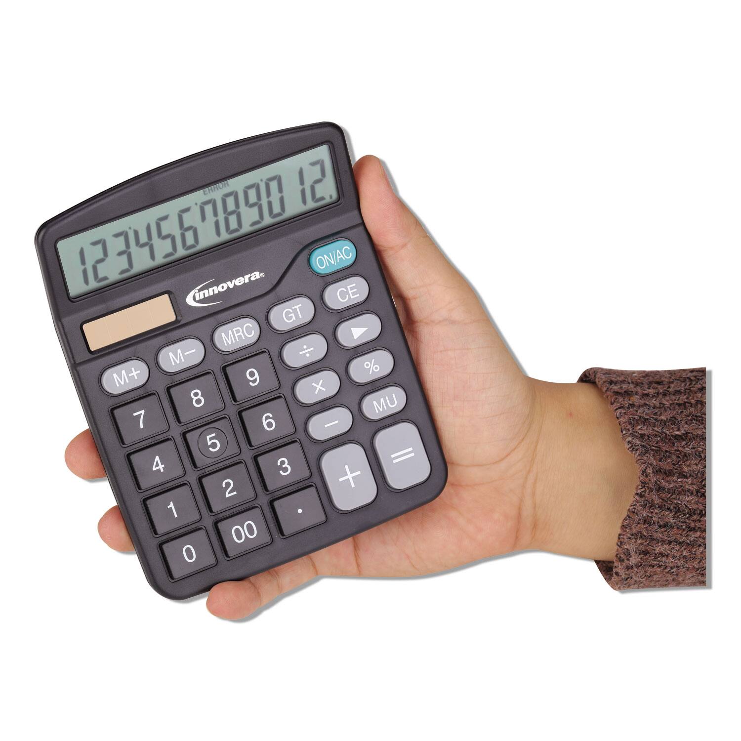 ERROR 12  
1234567890  
innovera  
ON/AC CE GT MRC M- M+ % 9 x 8 MU 7 6 - 5 4 = 3 + 2 1 . 00 0