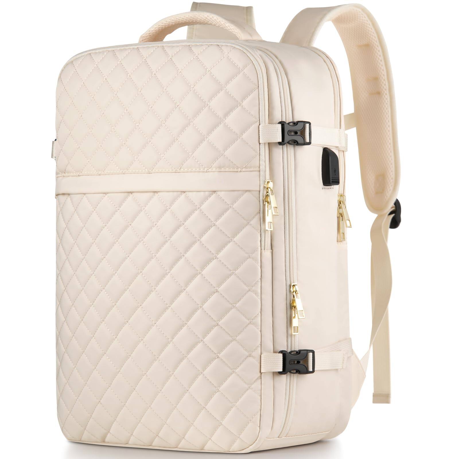 Front. Stamp n Camp - Large Travel Backpack Women  Flight Approved Carry On Water Resistant Anti theft Casual Daypack School Bag Fit 17 Inch - Beige-17.3 inch.