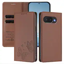 Dteck - For Google Pixel 10a Butterfly Embossed PU Leather RFID Blocking Flip Kickstand Wallet Case with Card Slots - Brown