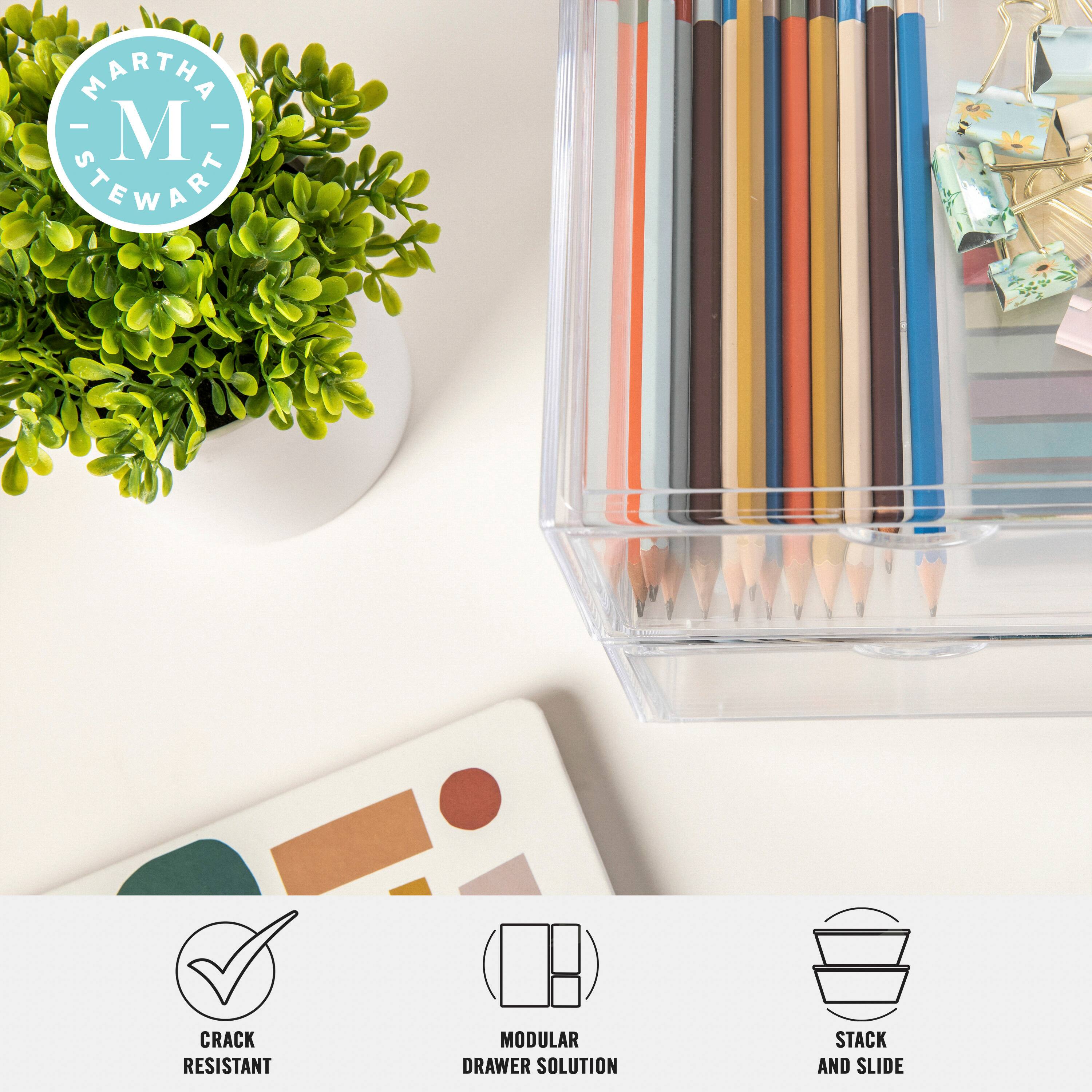 The text on the image reads: "Martha Stewart Crack Resistant Modular Drawer Solution Stack and Slide".