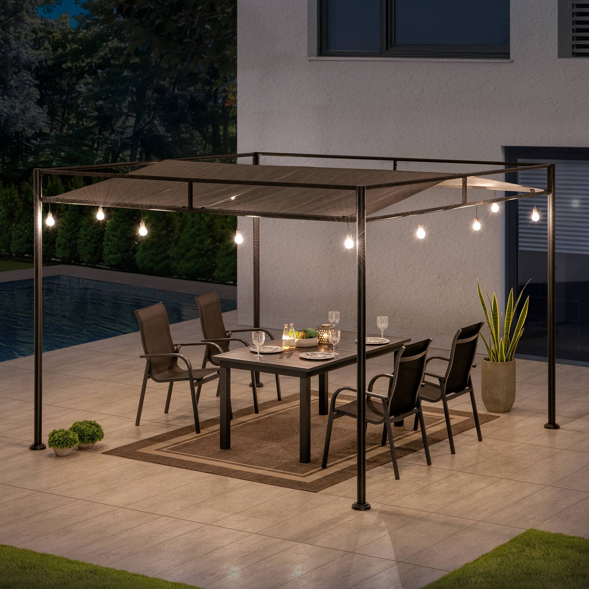 Alt View 5. SUNJOY - SUNJOY 10'x10' Outdoor Lean to Pergola with Sun Shade, Black Sling Fabric, Metal Canopy for Patio, Garden, Yard & Deck.